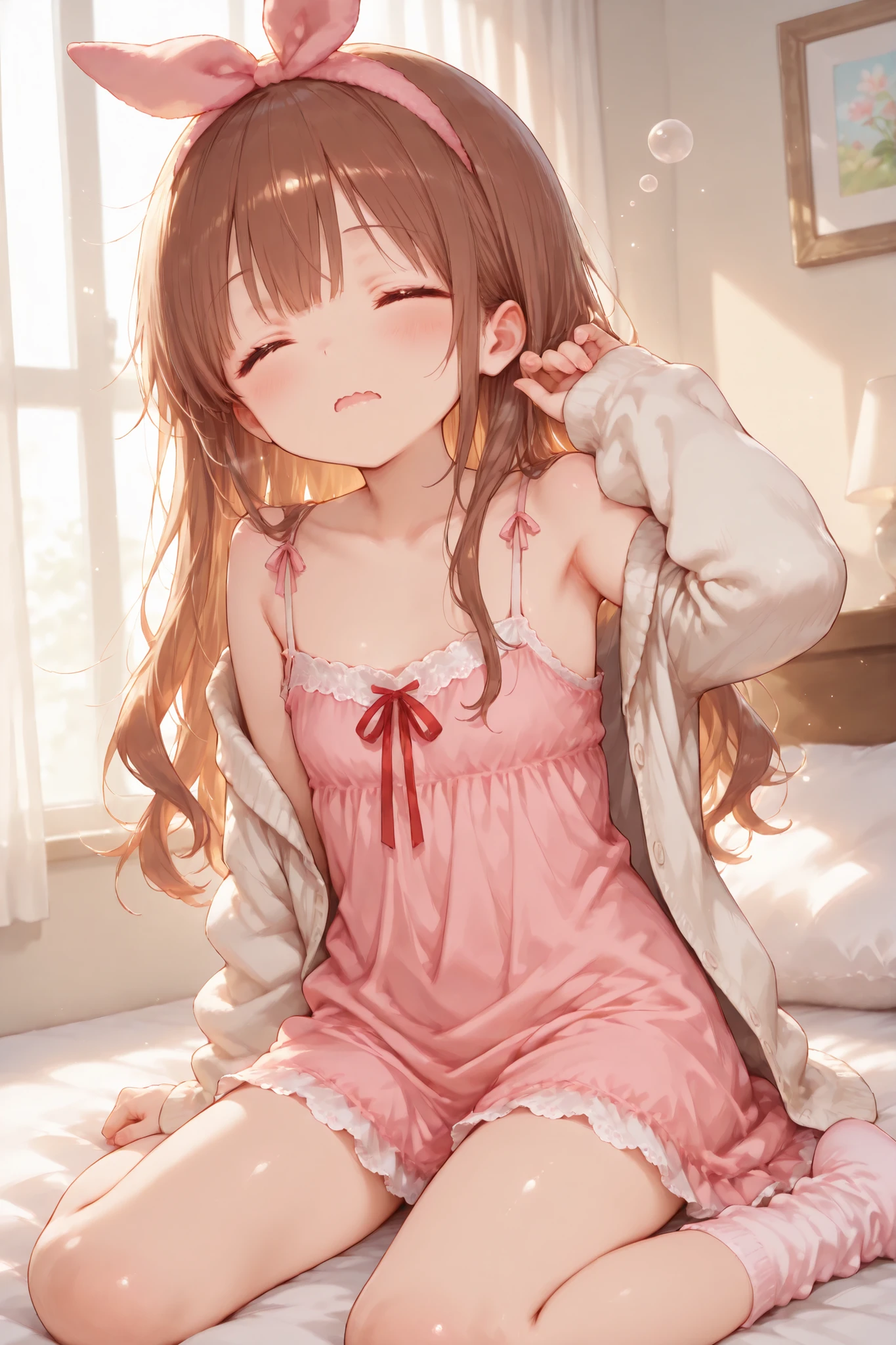 Shiny skin, Babe, character, meroko.
masterpiece, best quality, ultra detailed, high resolution, 8k, anime style, dynamic lighting, morning warm light, a cute anime girl.
# body.
very flat chest, skinny figure, slim waist, long legs, beautiful legs, youthful proportions.
# hair.
chestnut brown hair, wavy long hair reaching shoulder blades, natural loose waves, bed hair slight mess.
# eyes.
eyes gently closed, morning sleepy atmosphere.
# expression.
big open-mouth yawn, (open wavy mouth:1.3), soft sleepy aura, relaxed facial muscles.
# outfit.
soft pastel-pink camisole one-piece pajama dress, (slip strap:1.3), light thin fabric, lace trim at neckline, simple cute silhouette, above-knee length.
fluffy soft long-sleeve room white wool cardigan worn over the camisole dress, oversized sleeves, pastel cream color, cozy fluffy texture, slightly slipping off the shoulders.
# accessories.
pink bunny ear headband.
right side adorned with a single white flower and a red ribbon.
# socks.
pastel-pink fluffy knitted thigh-high socks, soft loose texture.
# pose.
wariza sitting pose on bed.
one arm straight up stretching upward, other hand resting loosely.
gentle body stretch, morning stretch posture.
# background.
on a bed, soft white bedsheets, warm morning light entering room.
# effects.
sleepy bubble anime effect near mouth, soft breath cloud small, gentle morning atmosphere.
# outline.
fine line art, delicate line drawing, thin outlines, clean outlines, minimal noise.