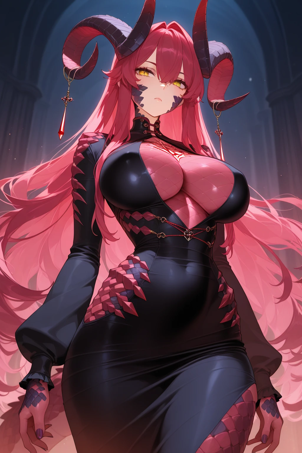 A female demon milf with black demon horn with wet dress, ????????????????? getting wet, visible belly button, visible belly, ((demon horn)), extremely long pink rapunzel hair, ((Rapunzel pink hair)), white eyes of the devil., ((white eyes)), voluminous body with ???????????? and bust, ((??????????? and bust)), Magnificent beautiful bright cathedral, wicked and empty look, no shine in the eyes, looking at the viewer, prominently on your legs and ???????;, highlighting ??????? and hair, ???? pose, sexualized pose, realistic ?????? grip, sysie high definition details, photography, insight, Unique 850 4, Koda850 k portrait camera, Spring F1.6 , rich colors, super realistic texture, spectacular light texture, surreal art, Cinestil 800 fashion mechanism
