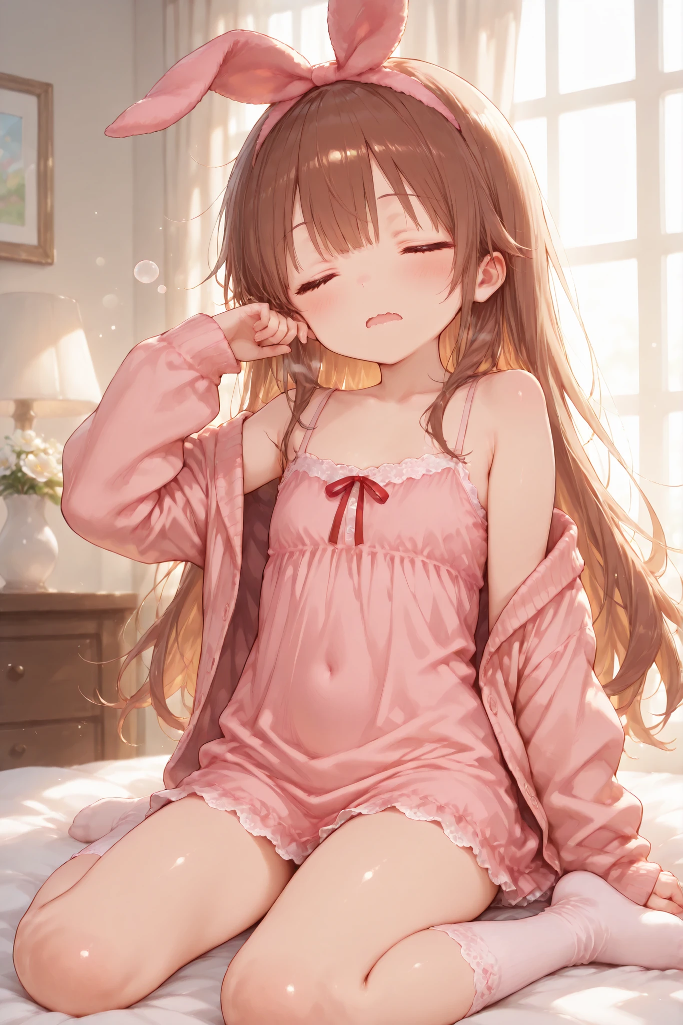Shiny skin, Babe, character, meroko.
masterpiece, best quality, ultra detailed, high resolution, 8k, anime style, dynamic lighting, morning warm light, a cute anime girl.
# body.
very flat chest, skinny figure, slim waist, long legs, beautiful legs, youthful proportions.
# hair.
chestnut brown hair, wavy long hair reaching shoulder blades, natural loose waves, bed hair slight mess.
# eyes.
eyes gently closed, morning sleepy atmosphere.
# expression.
big open-mouth yawn, (open wavy mouth:1.3), soft sleepy aura, relaxed facial muscles.
# outfit.
soft pastel-pink camisole one-piece pajama dress, light thin fabric, lace trim at neckline, simple cute silhouette, above-knee length.
fluffy soft long-sleeve room cardigan worn over the camisole dress, oversized sleeves, pastel cream color, cozy fluffy texture, slightly slipping off the shoulders.
# accessories.
pink bunny ear headband.
right side adorned with a single white flower and a red ribbon.
# socks.
pastel-pink fluffy knitted thigh-high socks, soft loose texture.
# pose.
wariza sitting pose on bed.
one arm straight up stretching upward, other hand resting loosely.
gentle body stretch, morning stretch posture.
# background.
on a bed, soft white bedsheets, warm morning light entering room.
# effects.
sleepy bubble anime effect near mouth, soft breath cloud small, gentle morning atmosphere.
# outline.
fine line art, delicate line drawing, thin outlines, clean outlines, minimal noise.