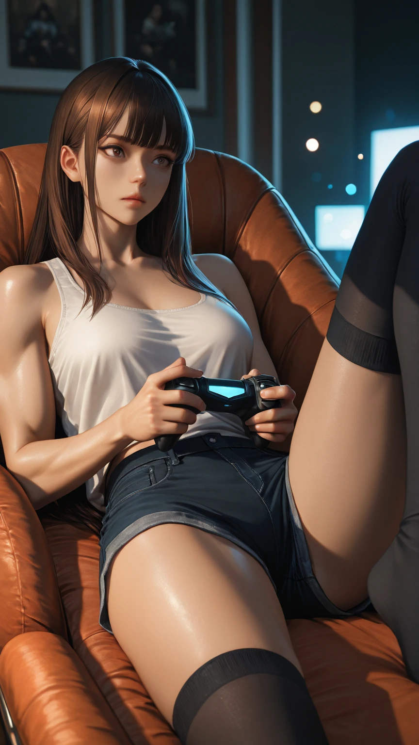 Create a high-quality, detailed image of a beautiful, anime cat gamer girl with tattoos and long hair, beautiful eyes, sitting at her gaming PC in her gaming room. She is wearing a tank top, and sleep shorts, showing her midriff, highlighting her stunning curves. The warm, inviting scene includes soft ambient lighting, comfortable seating, The setting is illuminated by a small lamp, creating a serene and intimate atmosphere