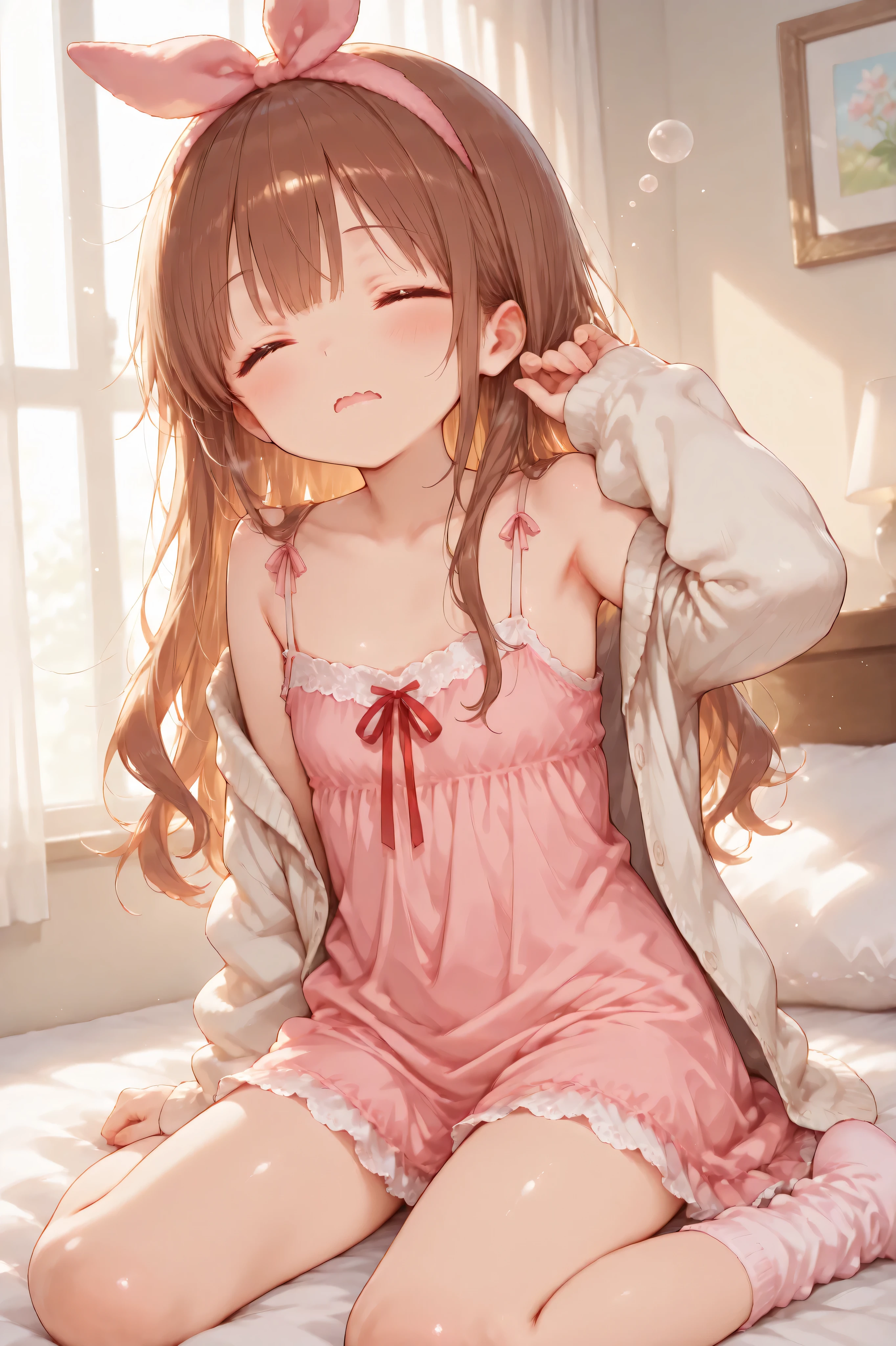Shiny skin, Babe, character, meroko.
masterpiece, best quality, ultra detailed, high resolution, 8k, anime style, dynamic lighting, morning warm light, a cute anime girl.
# body.
very flat chest, skinny figure, slim waist, long legs, beautiful legs, youthful proportions.
# hair.
chestnut brown hair, wavy long hair reaching shoulder blades, natural loose waves, bed hair slight mess.
# eyes.
eyes gently closed, morning sleepy atmosphere.
# expression.
big open-mouth yawn, (open wavy mouth:1.3), soft sleepy aura, relaxed facial muscles.
# outfit.
soft pastel-pink camisole one-piece pajama dress, (slip strap:1.3), light thin fabric, lace trim at neckline, simple cute silhouette, above-knee length.
fluffy soft long-sleeve room white wool cardigan worn over the camisole dress, oversized sleeves, pastel cream color, cozy fluffy texture, slightly slipping off the shoulders.
# accessories.
pink bunny ear headband.
right side adorned with a single white flower and a red ribbon.
# socks.
pastel-pink fluffy knitted thigh-high socks, soft loose texture.
# pose.
wariza sitting pose on bed.
one arm straight up stretching upward, other hand resting loosely.
gentle body stretch, morning stretch posture.
# background.
on a bed, soft white bedsheets, warm morning light entering room.
# effects.
sleepy bubble anime effect near mouth, soft breath cloud small, gentle morning atmosphere.
# outline.
fine line art, delicate line drawing, thin outlines, clean outlines, minimal noise.