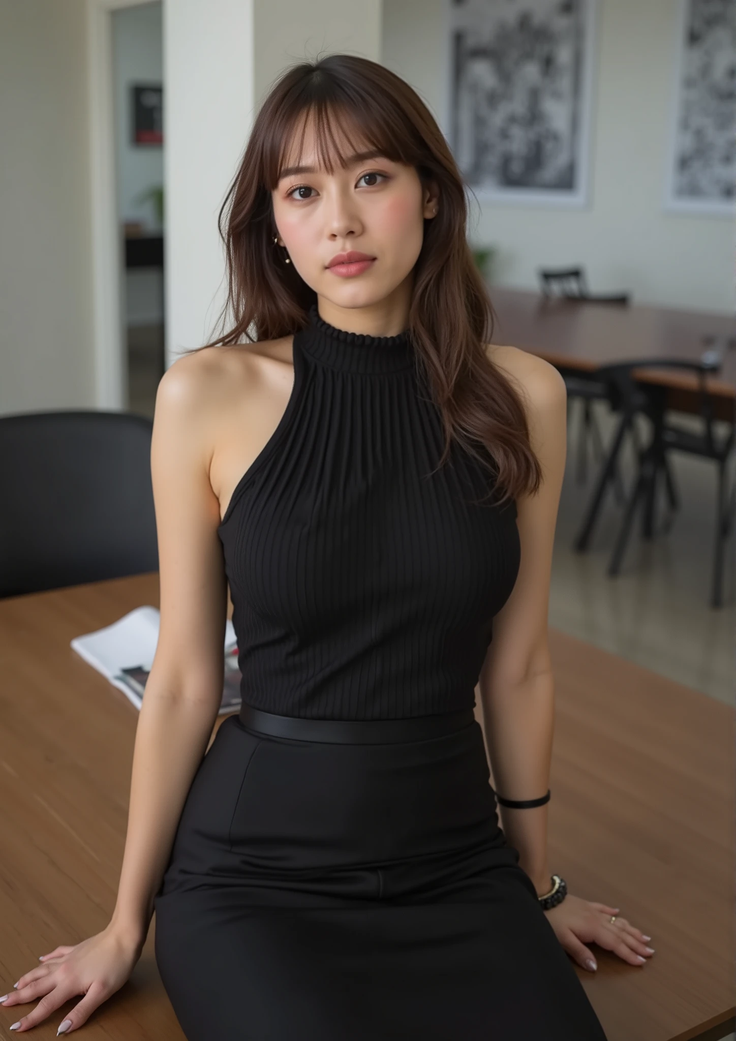 masterpiece, top quality, Wear a fitted turtleneck dress、very stylish woman、sexy girl、big  against the backdrop of a sophisticated office