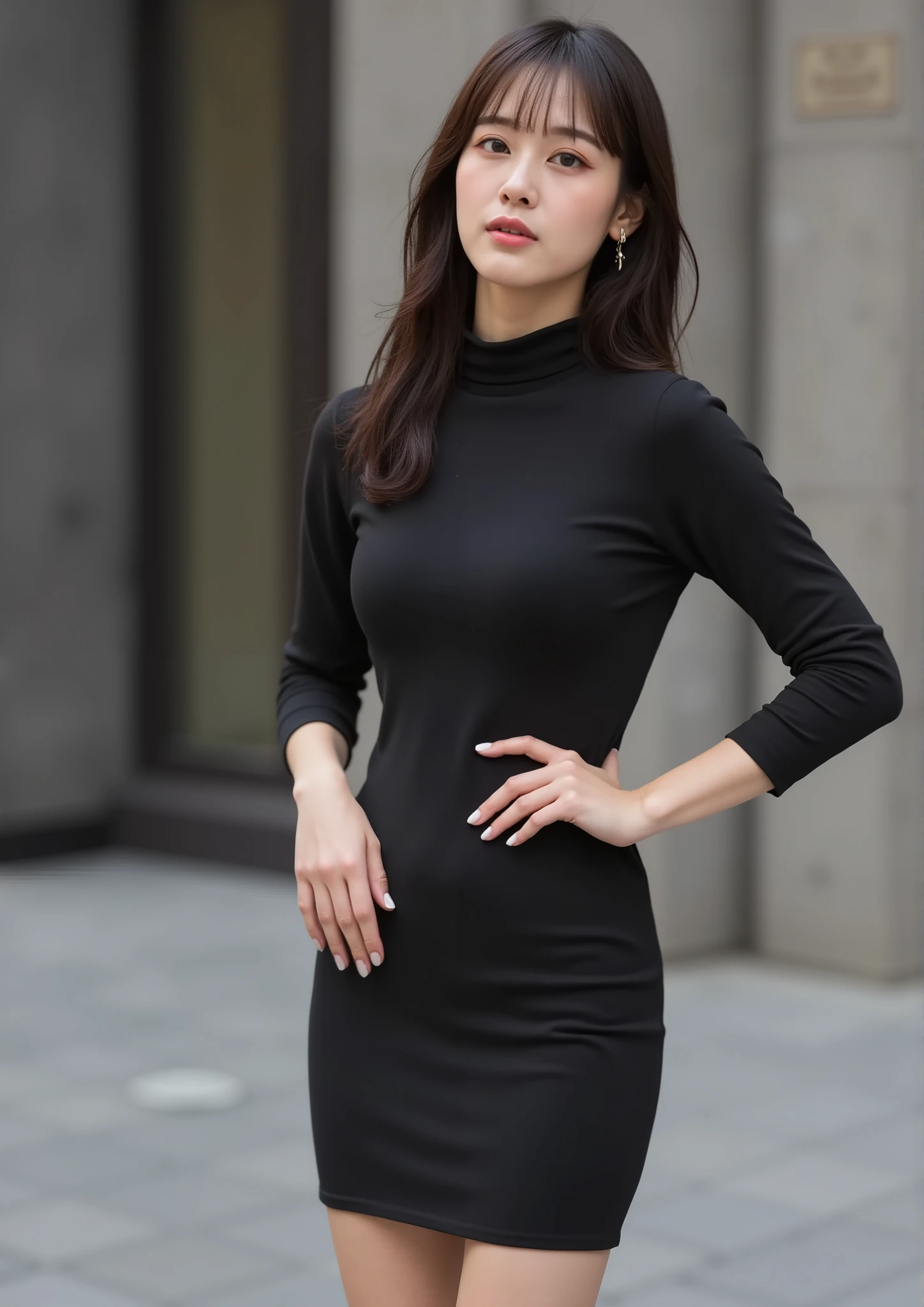 masterpiece, top quality, Wear a fitted turtleneck dress、very stylish woman、With the hall in the background、sexy girl、look back、big  against the backdrop of a sophisticated office