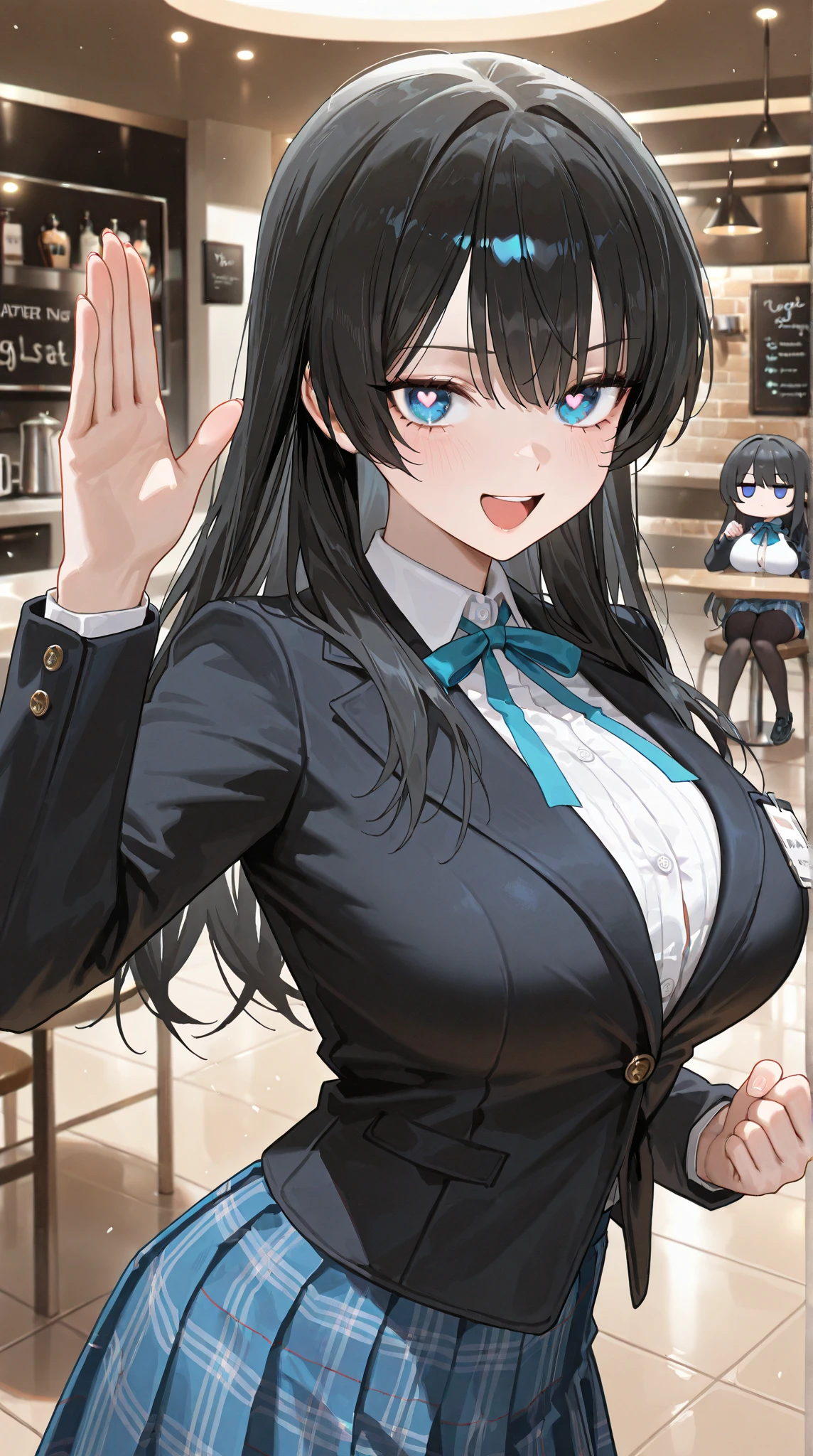 masterpiece, best quality, newest, absurdres, highres, AhEtoBlehMeme, closed eyes, tongue out, :p, hands on own head, smile,  <lora:AhEtoBlehMeme_illusXLNoobAI_Incrs_v1-000008:1>, upper body, indoors, <lora:Hoseki_BlueArchive_RioTsukatsuki_IllustriousXL_v1:0.8> r1o, halo, black hair, very long hair, blunt bangs, large breasts, hair ornament, black jacket, id card, turtleneck, ribbed sweater, white sweater, black skirt, pleated skirt, black pantyhose, thigh holster, turtleneck, ribbed sweater, white sweater, black skirt, pleated skirt