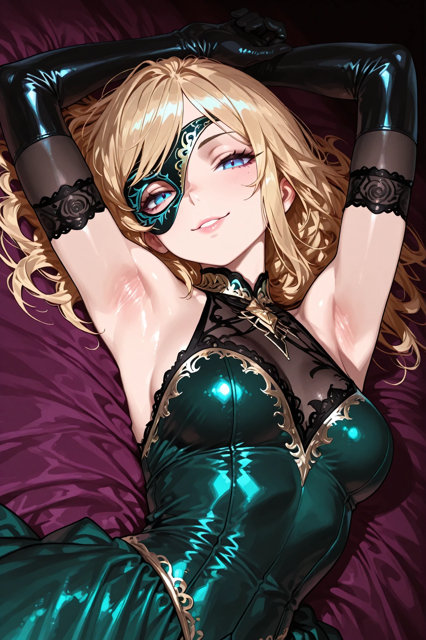 Highest Quality, masterpiece, super high resolution, finely detailed faces and hands, 8k, 1girl, blonde hair, blue eyes, fierce eyes, gloss lips, Beautiful armpits, seductive smile, lying, on back, arm above head, victorian, green dress, black velvet-trim elbow gloves, gold ornaments, white lace trim, elegant half-mask, purple velvet sheets, dutch angle,