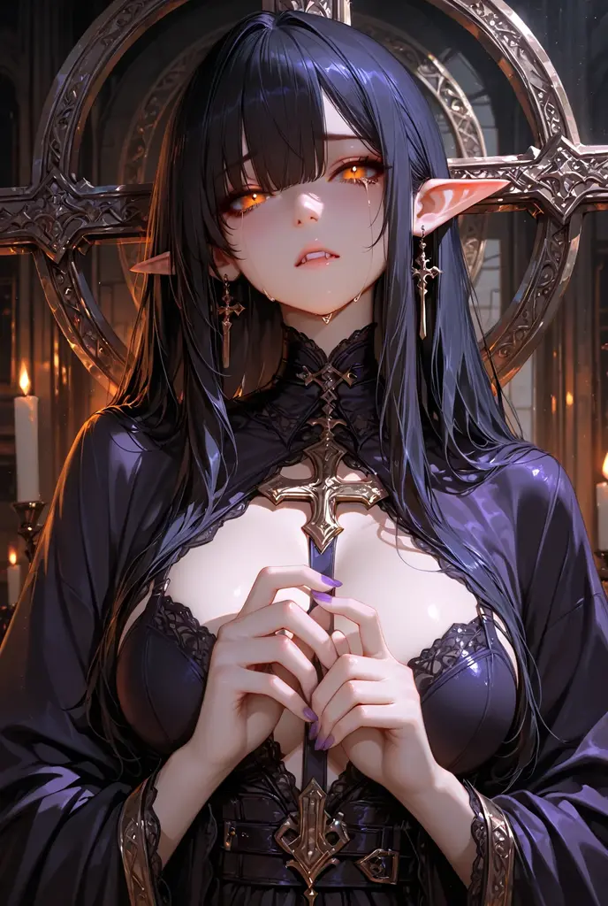 masterpiece, best quality, extremely detailed, 1girl, mature female, solo, tio, (gigantic breasts:1.1), (((black hair, very long hair, yellow eyes, slit pupils, pointy ears, curled horns))), parted lips, (((black nightgown, elbow gloves, black gloves))), ((blush, yandere trance, evil smile), open mouth, fangs), ((hands on own face, cemetery, night))