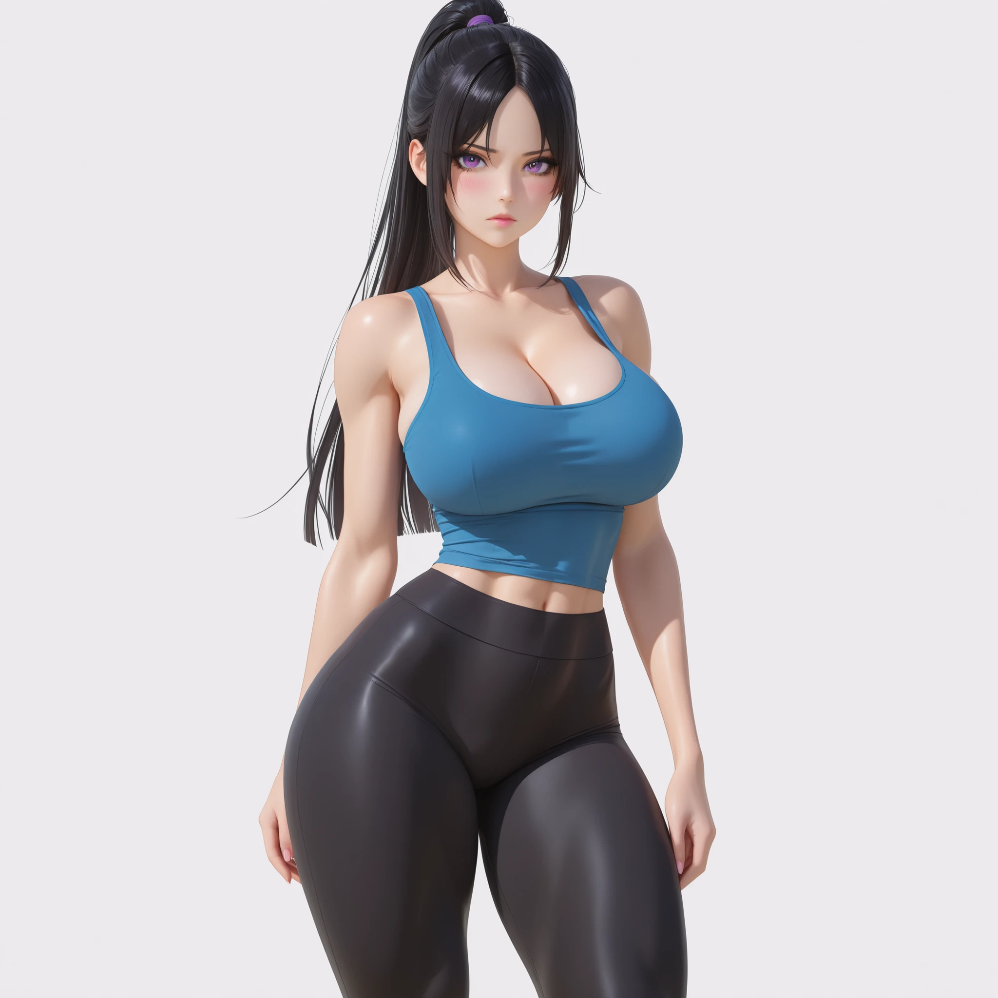 masterpiece, ultra-HD, impressionism, high detail, best quality, very aesthetic, 8K, best quality, beautiful, ultra-high resolution, 32K UHD, sharp focus, 3D, 1woman, solo, long hair, black hair, straight hair, ponytail, parted bangs, almond-shaped eyes, purple eyes, eyelashes, black eyeliner, full pink lips, makeup, , narrow waist, wide , thick thighs, shapely legs, slim, toned, blue tank top, cleavage, black leggings, blush, serious, cute, standing, looking at the viewer, simple background, front view