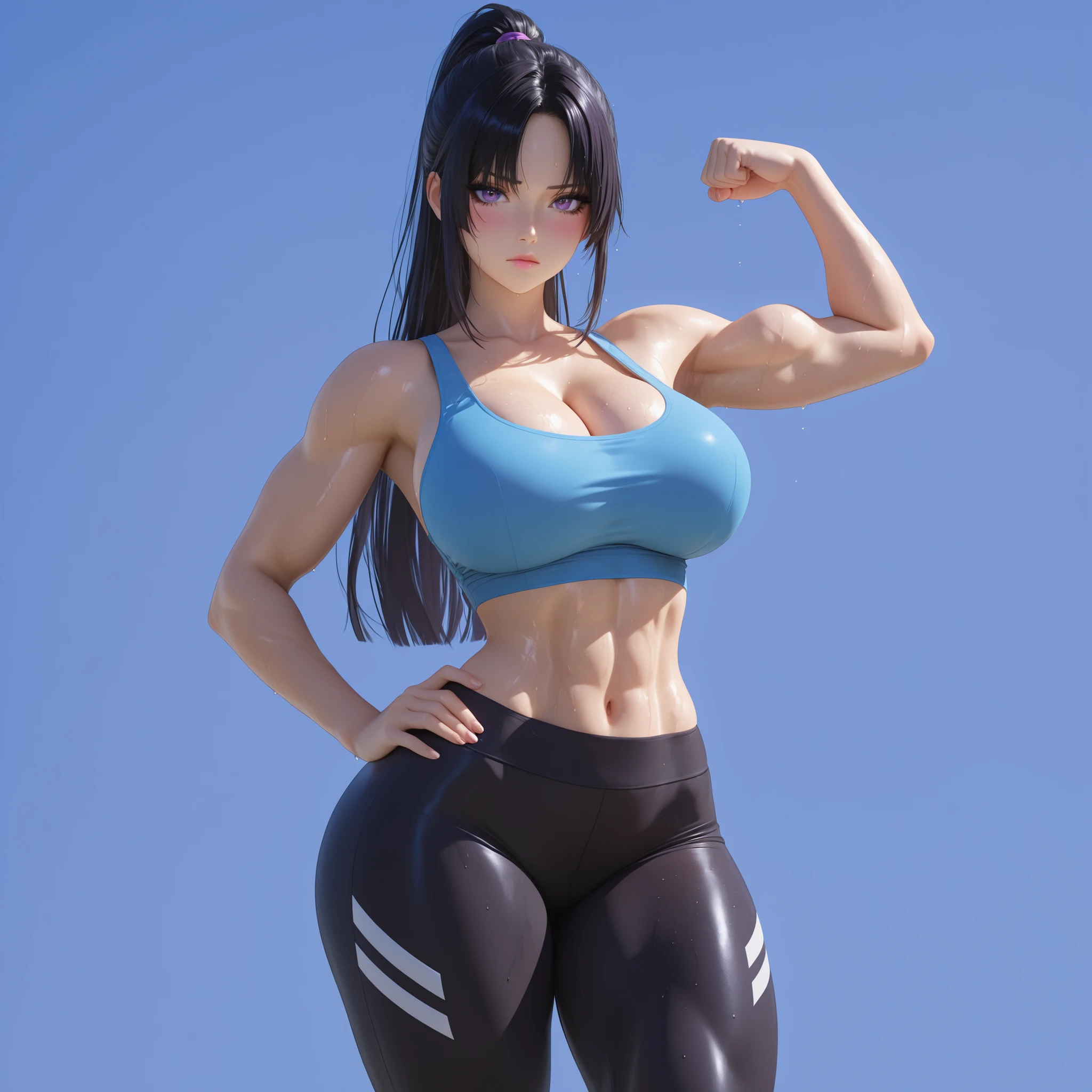 masterpiece, ultra-HD, impressionism, high detail, best quality, very aesthetic, 8K, best quality, beautiful, ultra-high resolution, 32K UHD, sharp focus, 3D, 1woman, solo, long hair, black hair, straight hair, ponytail, parted bangs, almond-shaped eyes, purple eyes, eyelashes, black eyeliner, full pink lips, makeup, , narrow waist, wide , thick thighs, shapely legs, slim, toned, blue crop top, cleavage, black leggings, blush, serious, cute, sweaty, hand on , flexing arm, standing, looking at the viewer, simple background, front view