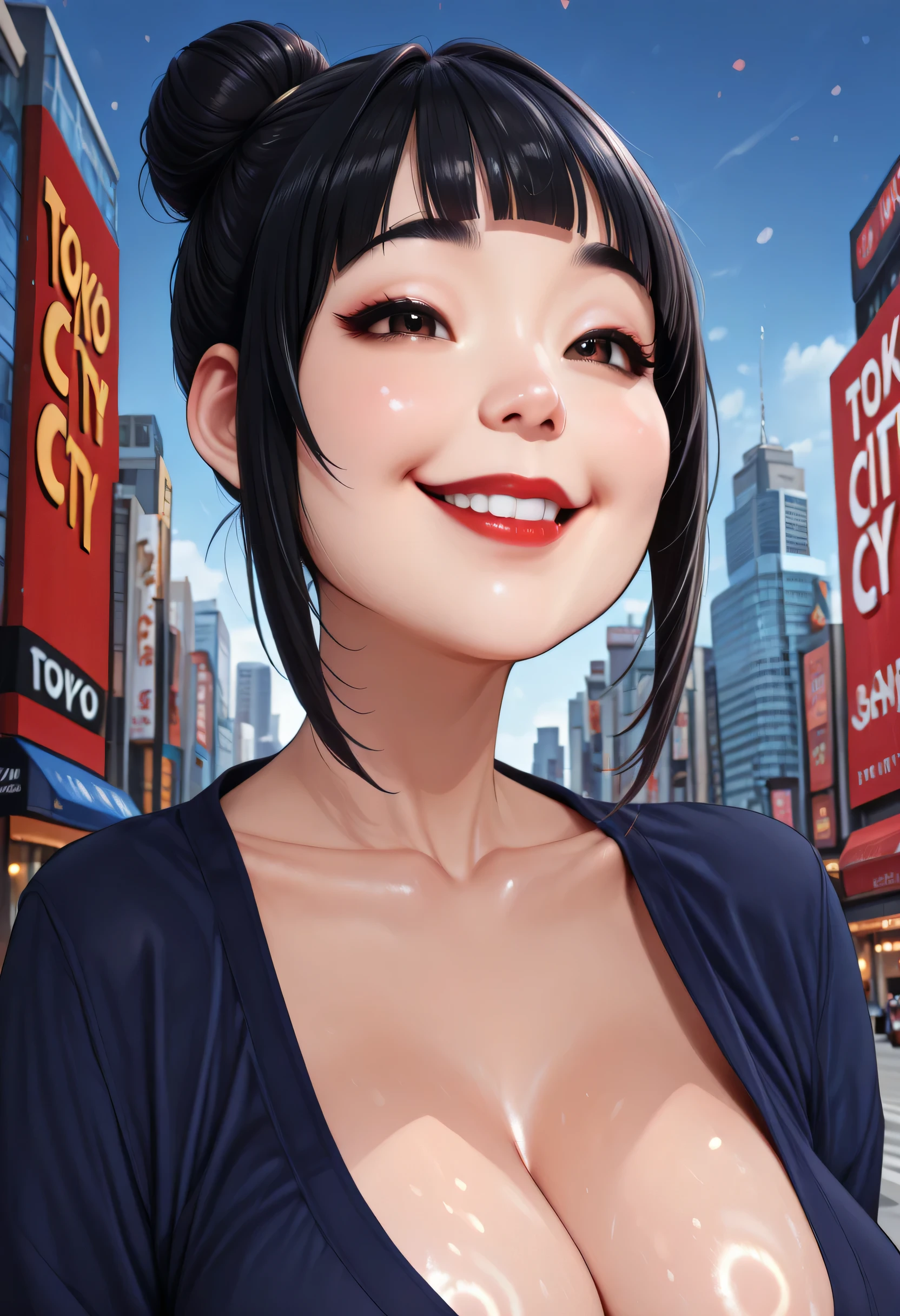 perfect face, feminine, (black hair high bun and bangs), black eyebrows, thin eyebrows, brown eyes, thin lips, red lips, collarbone, cleavage, dark blue shirt, (large breasts:1.2), ((tokyo city)), (female asian, asian face), (smile happy), (shiny skin)