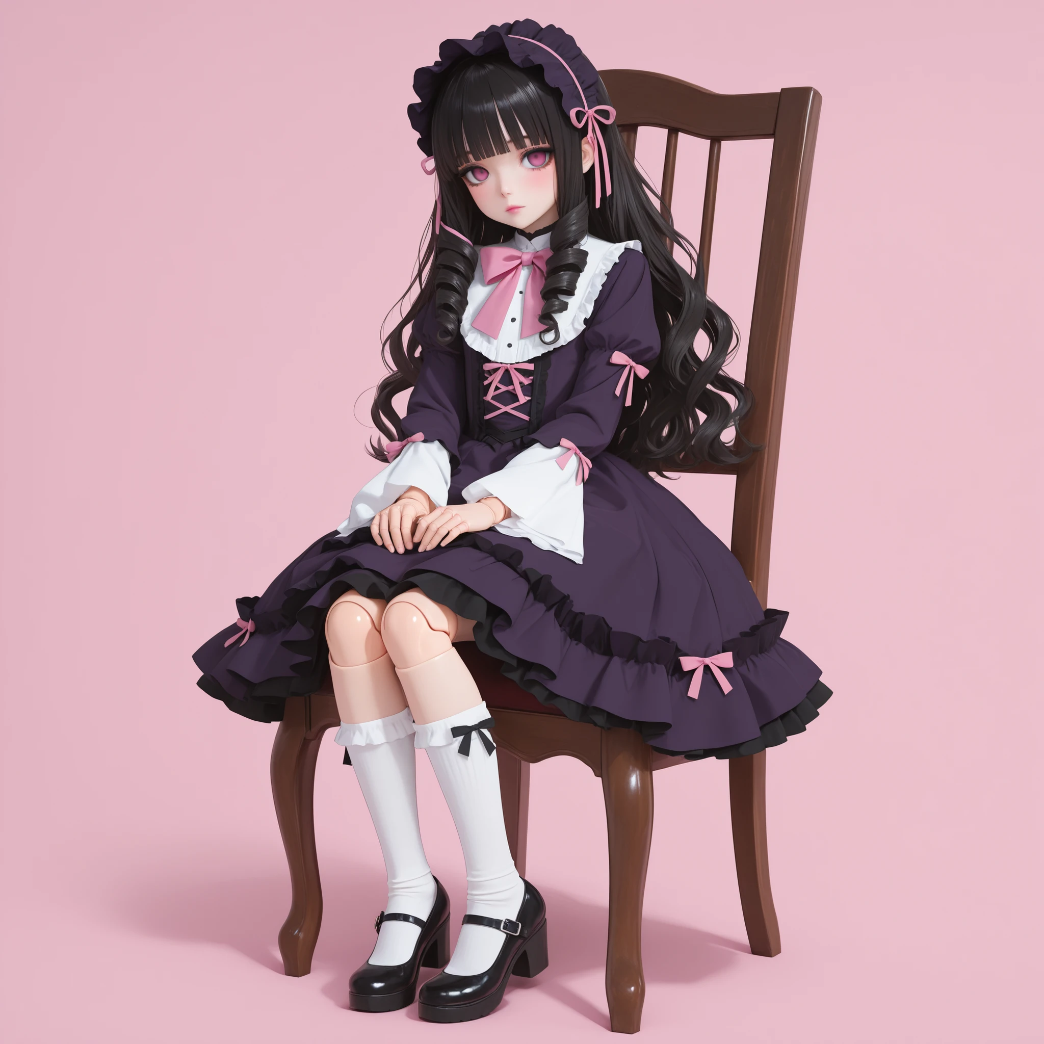 masterpiece, ultra-HD, impressionism, high detail, best quality, very aesthetic, 8K, best quality, beautiful, ultra-high resolution, 32K UHD, sharp focus, 3D, 1girl, solo, loli, long hair, black hair, blunt bangs, long drill locks, wavy hair, loose hair, almond-shaped eyes, pink eyes, empty eyes, eyelashes, black eyeliner, pink lips, makeup, doll joints, slim, petite, dark purple gothic lolita dress, hair ribbon, headband, pink bowtie, ruffled dress, white blouse, long sleeves, white long socks, black mary jane shoes, blush, expressionless, cute,  hands on lap, sitting on a chair, full body, looking at the viewer, simple background, front view