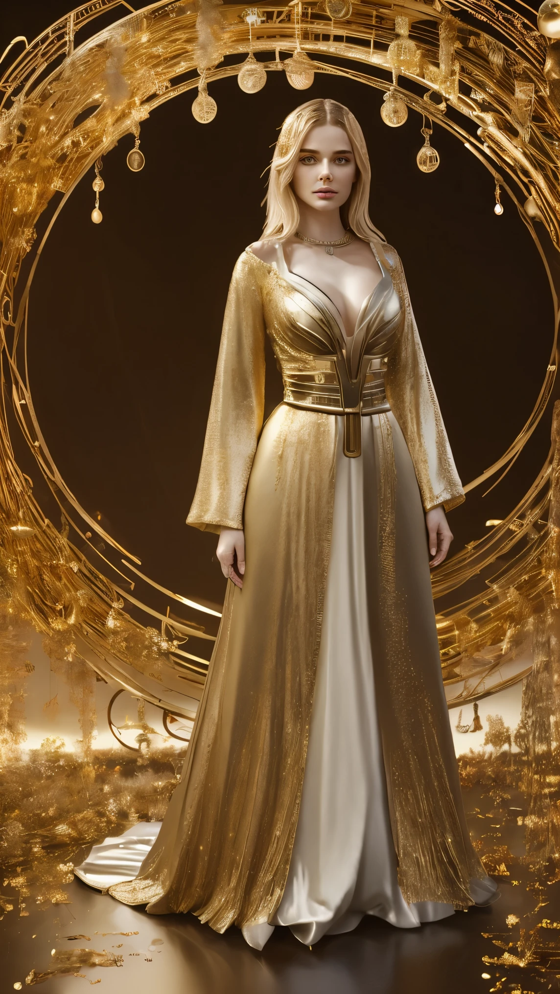 The Alchemists of the World — a fusion of classical, futuristic, and mystical elements, radiant gold background, coexistence of ancient alchemy circles and modern cyber devices, floating golden particles, hybrid attire of golden robe and metallic suit, wise and mysterious expression, realistic, upper body, 9:16, 4K, seeking the truth of the world ::2