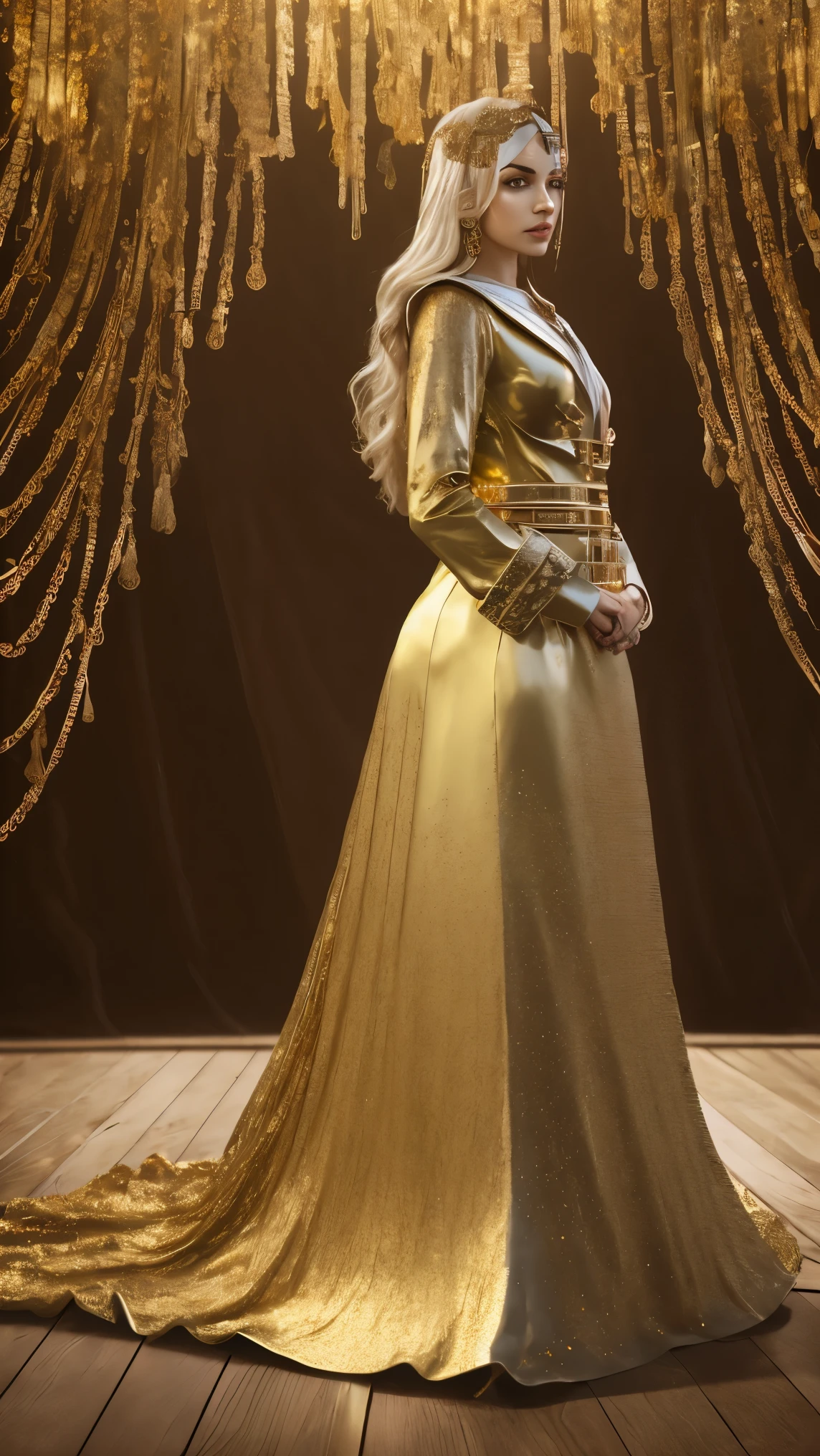 The Alchemists of the World — a fusion of classical, futuristic, and mystical elements, radiant gold background, coexistence of ancient alchemy circles and modern cyber devices, floating golden particles, hybrid attire of golden robe and metallic suit, wise and mysterious expression, realistic, upper body, 9:16, 4K, seeking the truth of the world ::2