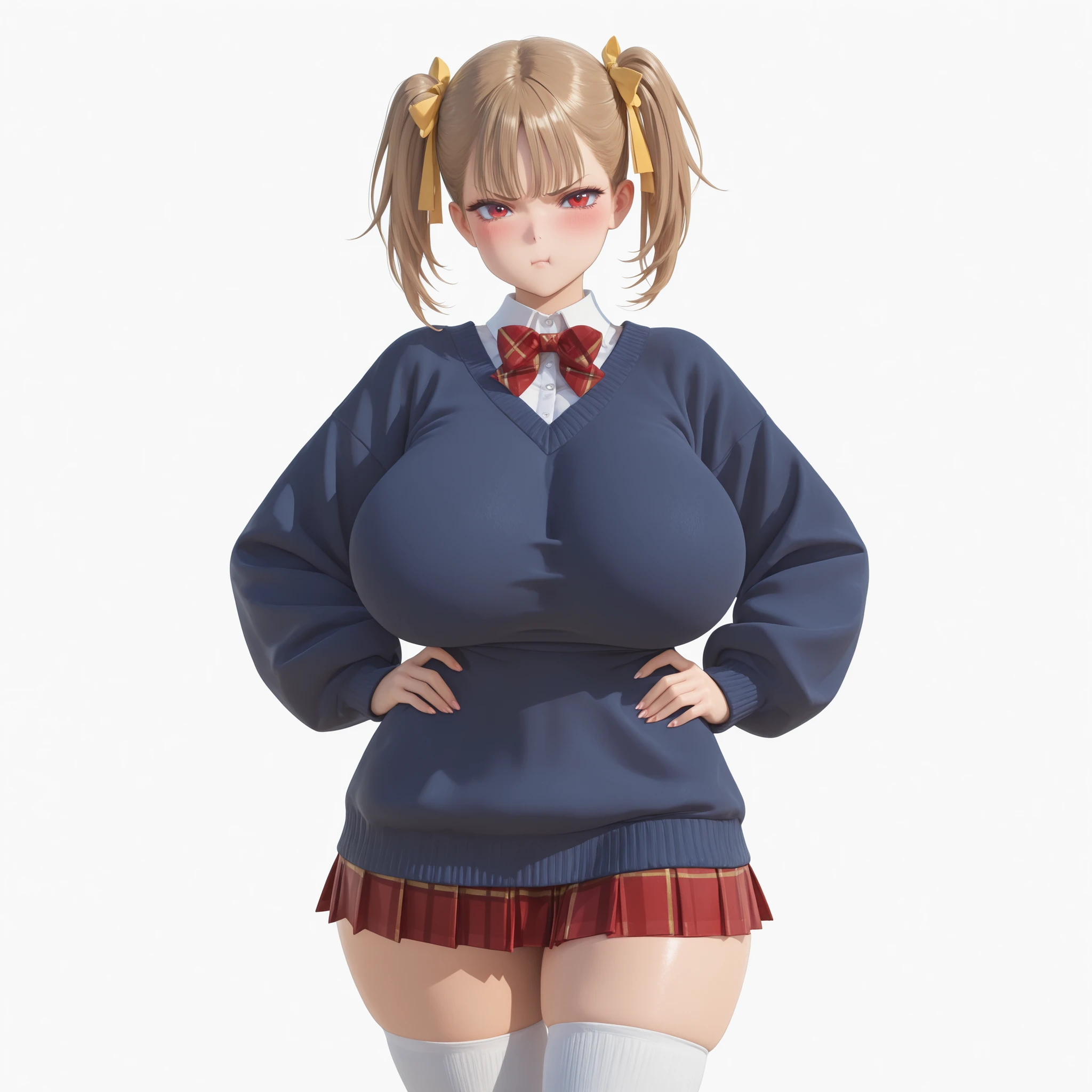 masterpiece, ultra-HD, impressionism, high detail, best quality, very aesthetic, 8K, best quality, beautiful, ultra-high resolution, 32K UHD, sharp focus, 3D, 1girl, solo, Rumi, light brown hair, twin pigtails, middle bangs, hair ribbons, yellow ribbons, red eyes, eyelashes, , narrow waist, wide , thick thighs, shapely legs, slim, white buttoned shirt, shirt collar, navy blue baggy sweater, red plaid bowtie, red plaid pleated skirt, white thigh high socks, blush, pout, angry, cute, hand on , standing, looking at the viewer, simple background, front view