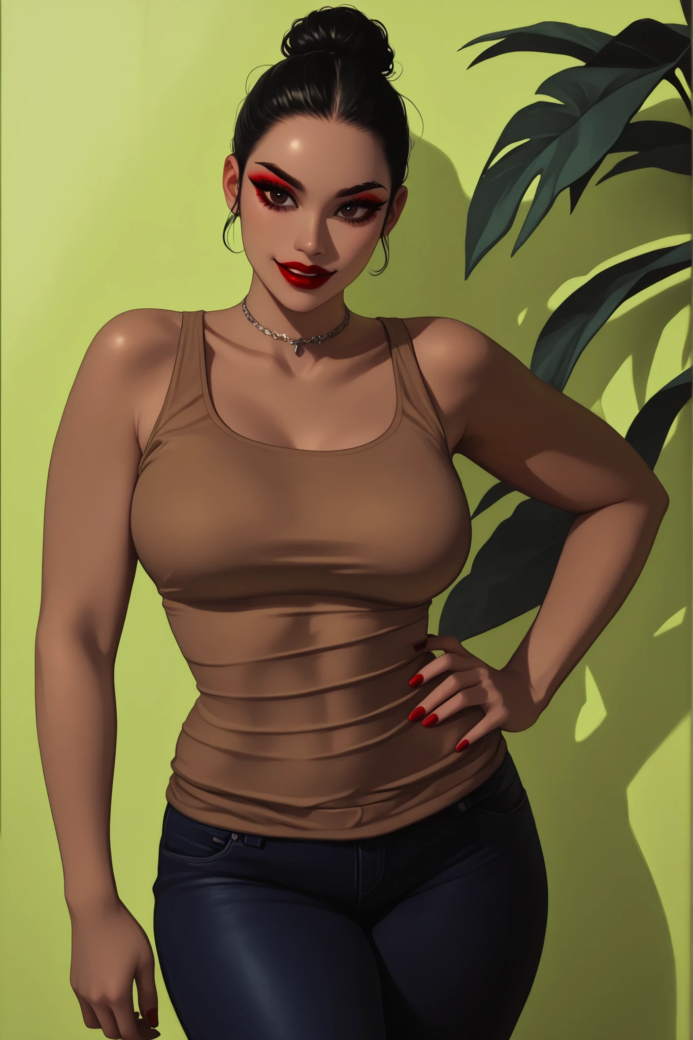 1girl, perfect body, black hair, hair bun kont top, forehead, black thin eyebrows, big brown eyes, black eyeliners, red thick lipstick, big smile, beautiful girl, medium breasts, brown tank top, blue jeans pants, thick thighs, hand on hip