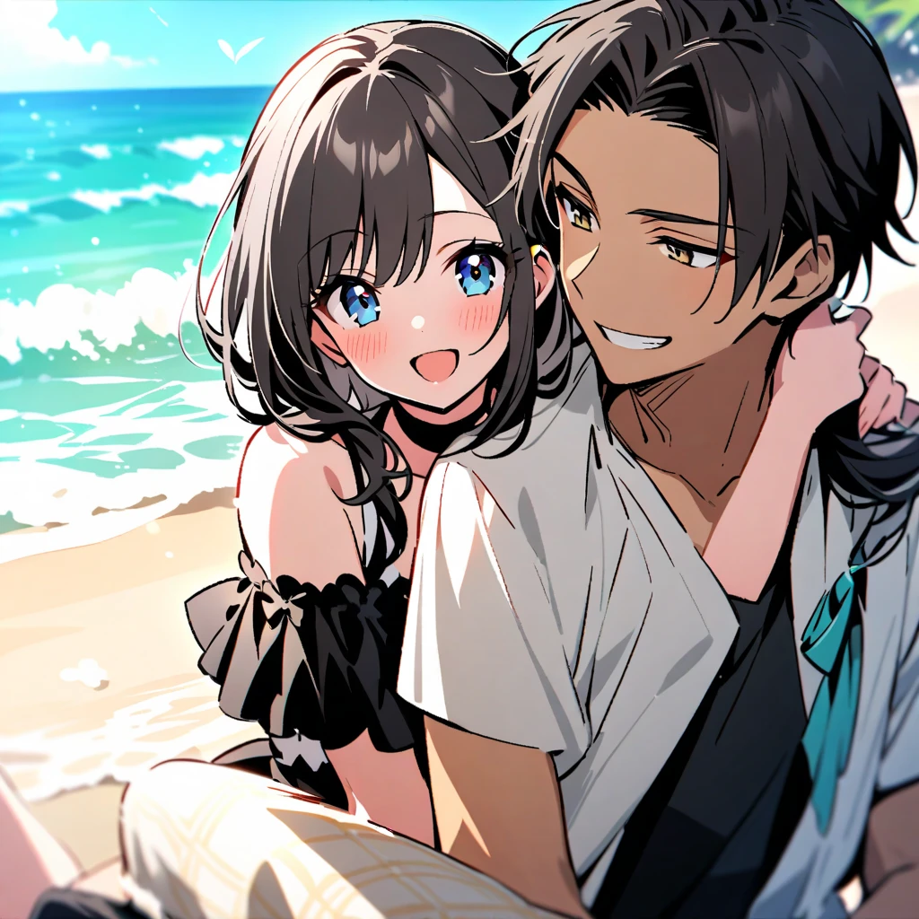 anime style depiction of a dark tan skinned girl clad in a ?????? top and skirt, snuggled closely with a white handsome boy wearing a t-shirt