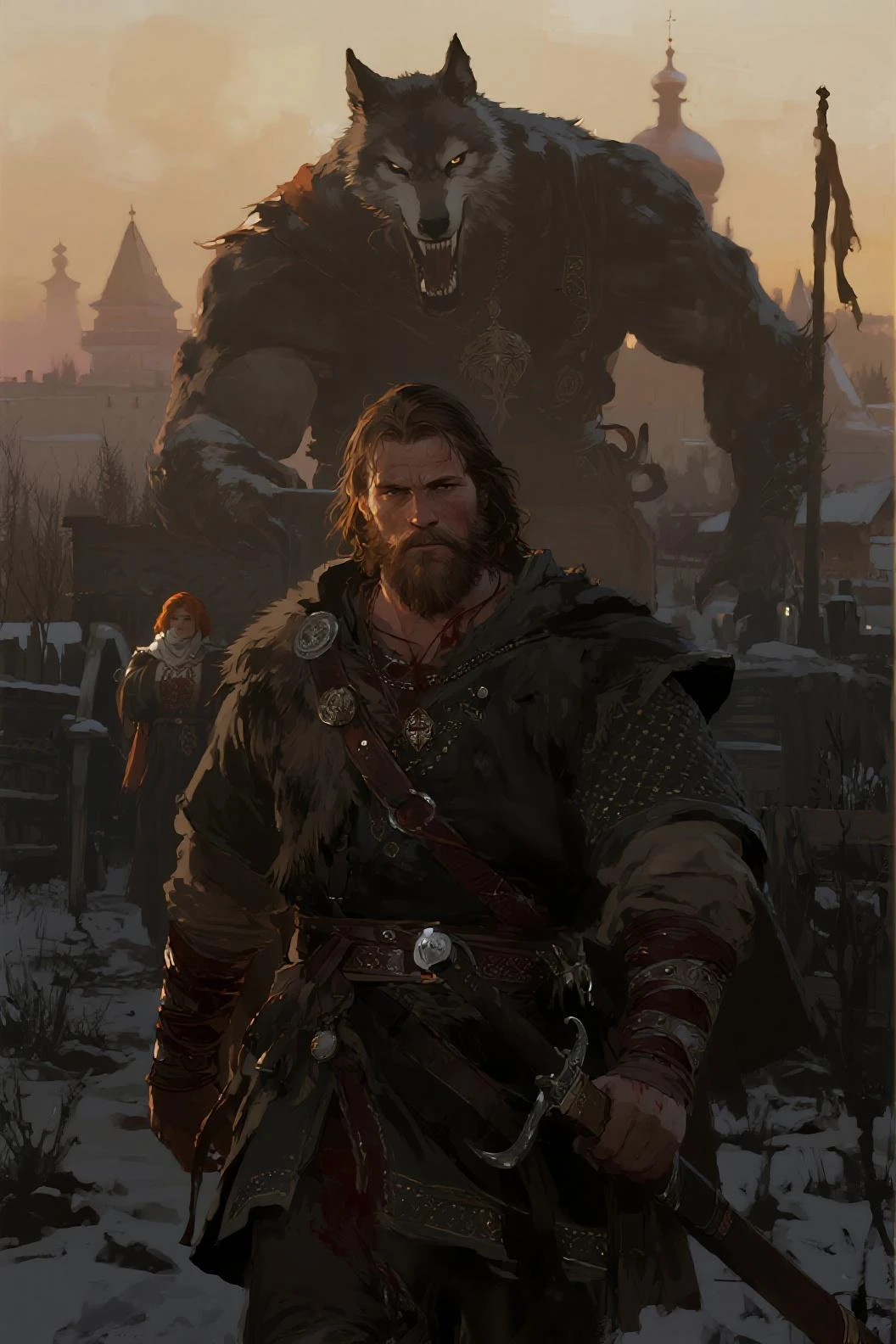 1 BLONDE MOTHER, 1  BLONDE SON. (professional 3d render:1.3) af (Realistic:1.3) most beautiful artwork photo in the world，Features soft and shiny male heroes, ((Epic hero fantasy muscle man rough wet hero angry look long hair short beard and ferocious expression in dynamic pose, Fantastic location, Majestic cluttered environment)), full body 8k unity render, action  shot, skin pore, very dark lighting, heavyshading, Detailed, Detailed face, (vibrant, photograph realistic, Realistic, Dramatic, Dark, Sharp focus, 8K), (Old leather garments damaged by weathering:1.4), ((((Wear fur)))), (Intricate:1.4), decadent, (Highly detailed:1.4), Digital painting, rendering by octane, art  stations, concept-art, smooth, Sharp focus, illustration, Art germ, (loish:0.23), wlop ilya kuvshinov, and greg rutkowski and alphonse mucha gracias, (Global illumination, Studio light, volumettic light), heavy rain, particles floating, lotr, fantasy, elf, full bodyesbian, ((Dark and ancient city background:1.3)),CGSesociety,art  stations