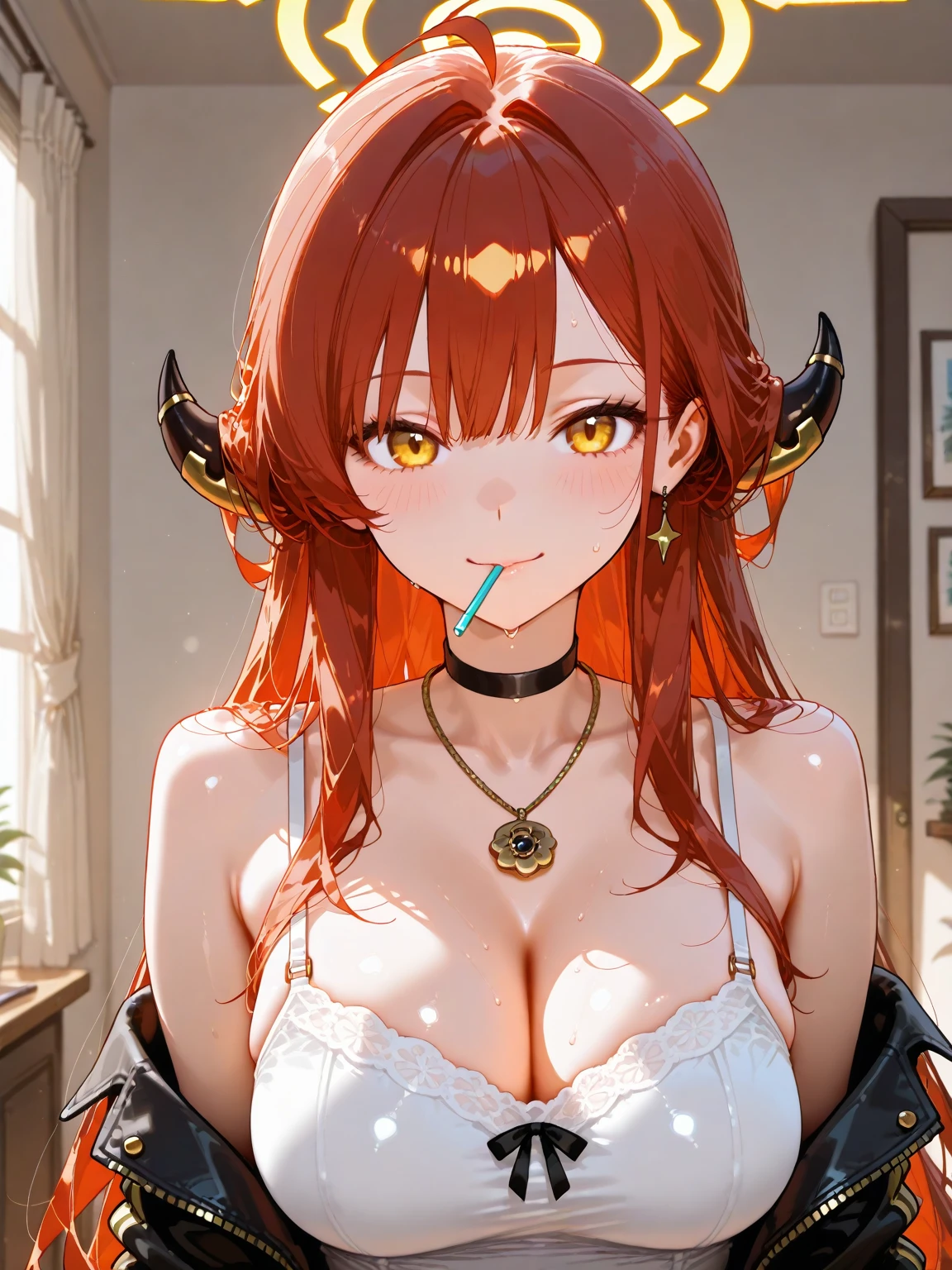 masterpiece, best quality, realistic, solo, 1girl, m11a, monster girl, lamia, scales, smile, looking at viewer, hand on own arm, red hair, hair between eyes, hairclip, pointy ears, yellow eyes, slit pupils, yellow shirt, collared shirt, tied shirt, sleeves rolled up, blue skirt, denim skirt, brown belt, stomach, navel, collarbone, cleavage, , indoors
<segment:yolo-Anzhc Face seg 640 v2 y8n.pt,0.4,0.5//cid=1>