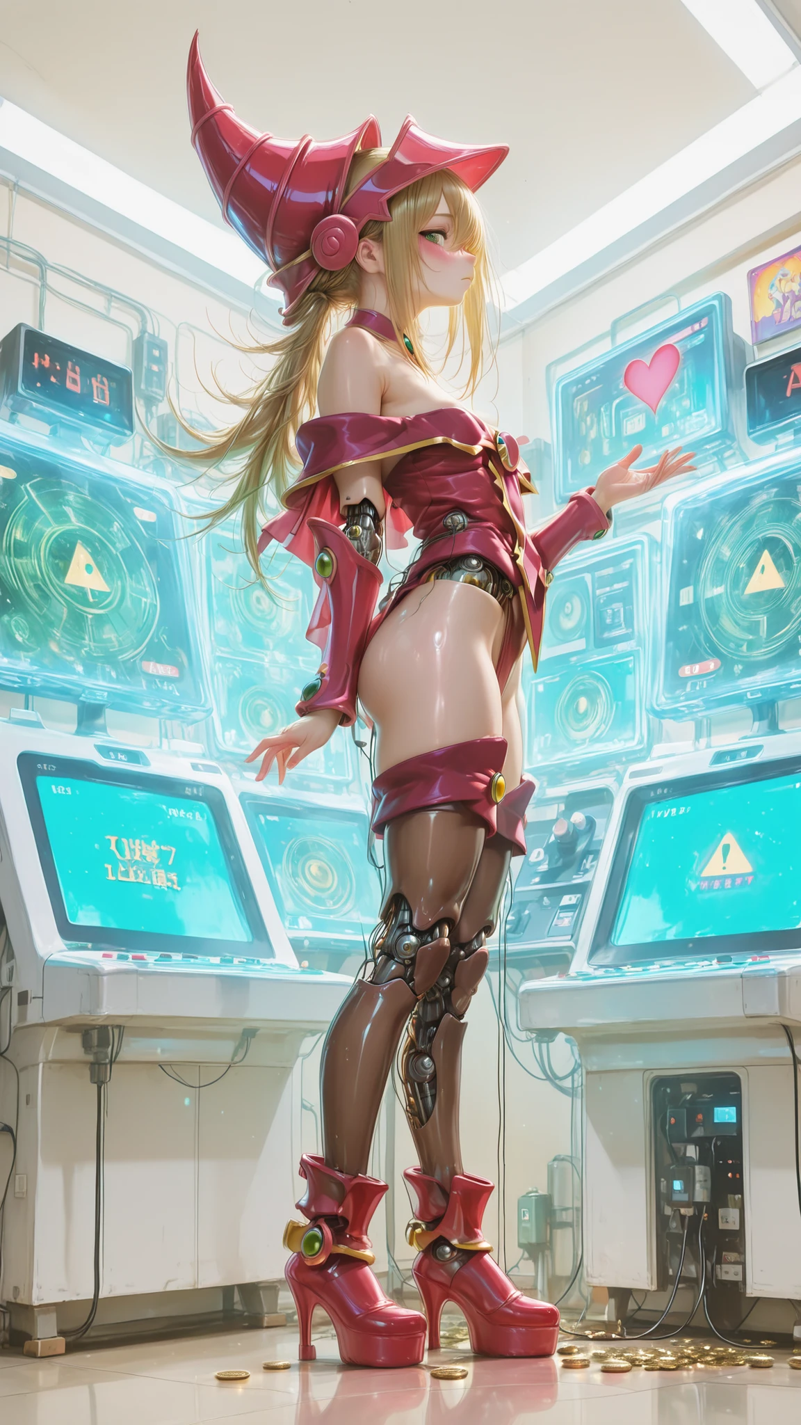 hyper detailed, intricate details, detailed skin, American medium shot, pretty hands, perfect hands, high detail,
NSFW, variety poses, standing, low camera angle, looking at viewer, NSFW, translucent skin, flat breasts, strangulation,
profile pose,
1 girl, darck magician girl. alone, green eyes, beautiful android girl, flat chest, , shiny skin, , long hair, brown silk stockings, with many cables to the arcade video game, represents the Japanese arcade, game stick, coins gold on the ground, network of wires and data cables, power supply, large computer, futuristic artificial intelligence, mechanical parts, electric lights, neon details, robotic environment, reflective surfaces, refraction, soft light, coffee2hai,
,((lora:perfect_eyes:-#)),1 girl, (heart-shaped pupils, seductive, blush, unusual puplis