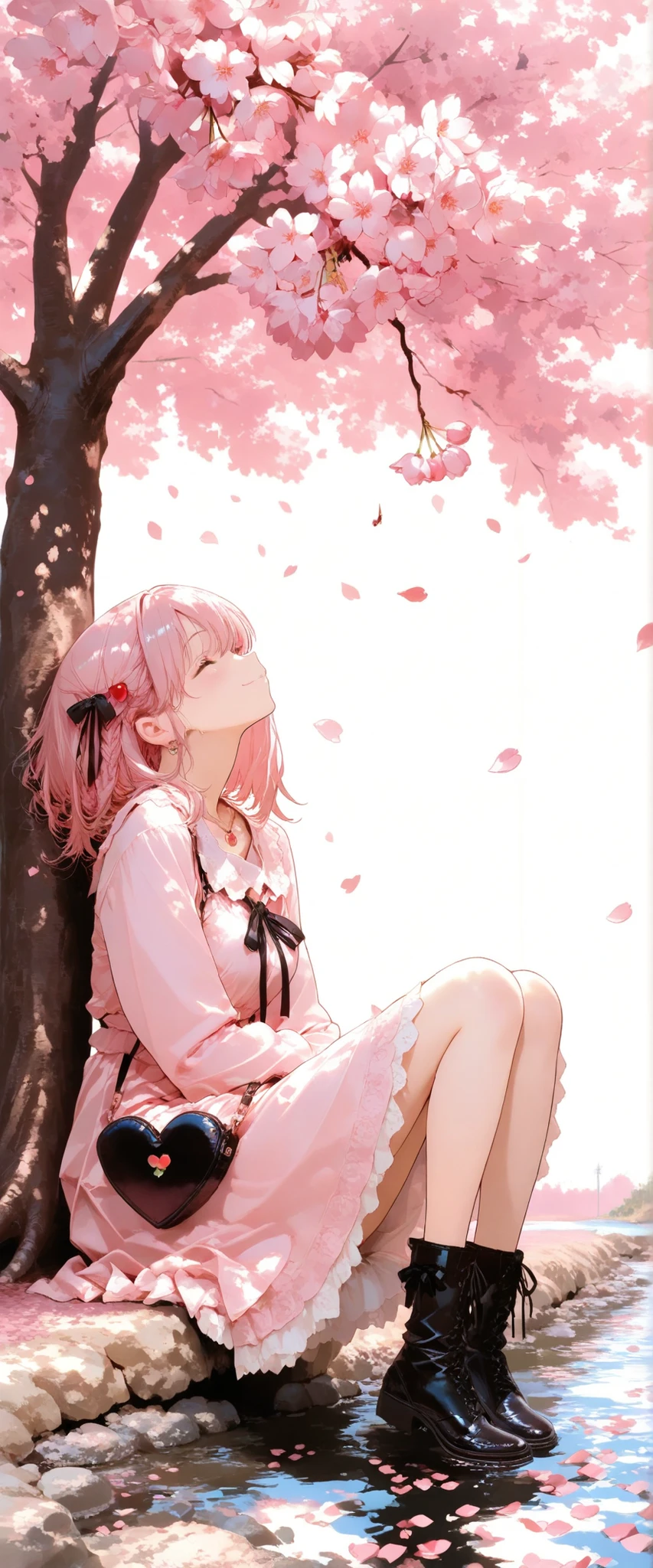 (River Love ) ((superior quality)), ((Masterpieces)), ( further), perfect face, cute girl, There are pink petals everywhere, I have a cherry blossom pin and there are pink petals around , pink hair, leaning against a cherry tree