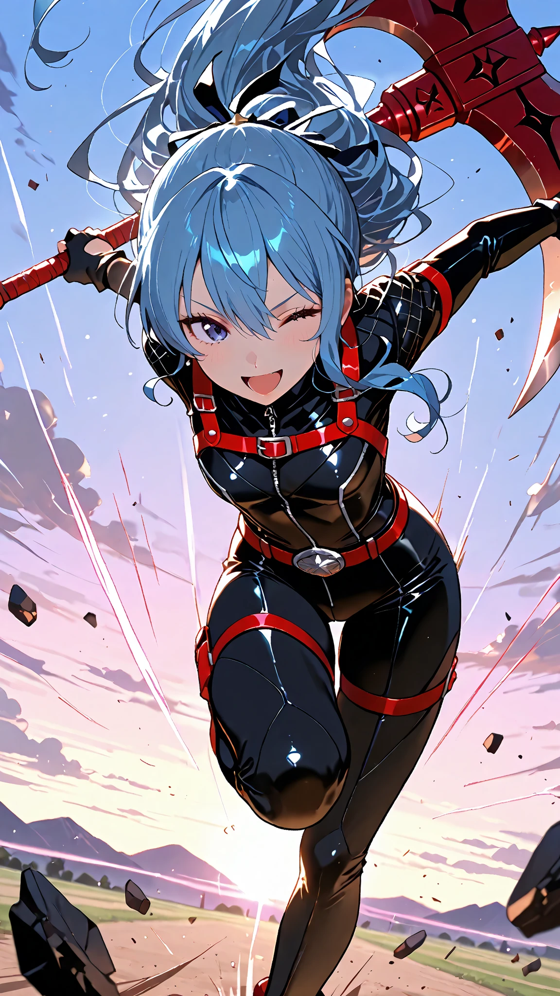 Girl with black hair and blue eyes in a fighting stance