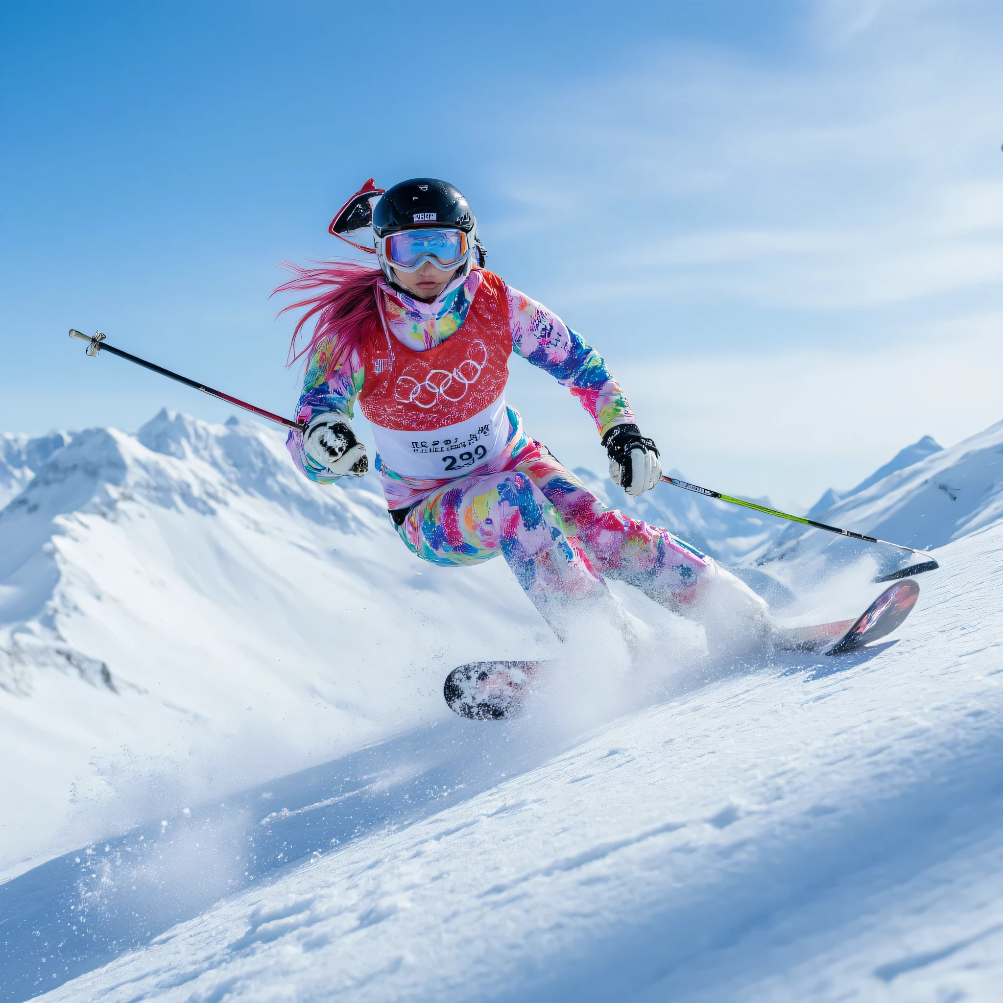 High Resolution, Top quality after the Games, RAW pictures, Vivid Pink Haired Female Athlete, Natural Environment of Untouched Snow Mountains, Daredevil Skiing on Steep Slopes, Moments showing off aerial spinning techniques, Functional and Stylish Goggles, Line Taking Full Use of Natural Terrain {x} Rainbow Multicolored Skiwear, Aerial Acrobatic Form, Shine and Light of Scattering Snowflakes, Fresh Snow with No Ski Marks, Breathtaking Mountain Scenery, Crystal Clear Winter Atmosphere, Brilliant Pink Haired Female Athlete, From a sports cameraman's point of view Composition, Frozen Moments of Movement, Perfect Posture Control in Extreme Conditions, Extreme Sports Limits Challenge, Diamond Dust Sparkle, World-Class Skiing Techniques, Expression mixed with concentration and excitement, Spectacular panoramic view of snowy mountains, Human Challenge and Natural Grandeur, Artistic Expression of Extreme Technology