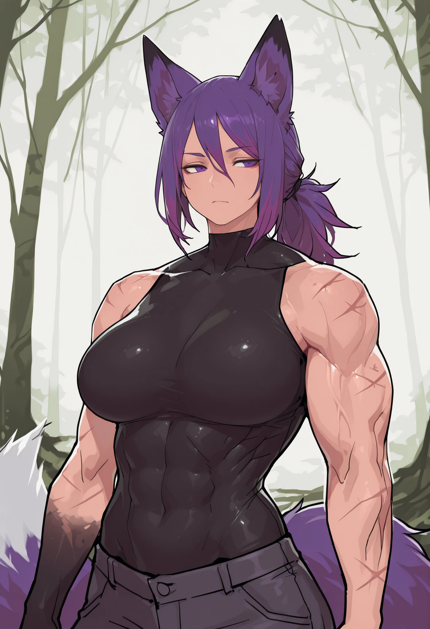 gorgeous kitsune girl, beautiful face, kitsune, purple color hair, hunter girl, detailed eyes, personalami style, volputrous body, covered breasts, curvy and athletic, kitsune ears, ponytail hair, fox tail, lean muscles, black bodysuit, pants, bare arm (right arm) and neck, old scars on arm (left arm), light abs, calm, lean muscular arms and legs, athletic body, fox ears, dominant expression, long hair, masterpiece, ultra definition, simple white background, dnd, upper body focus, sketch, forest background, fantasy, night