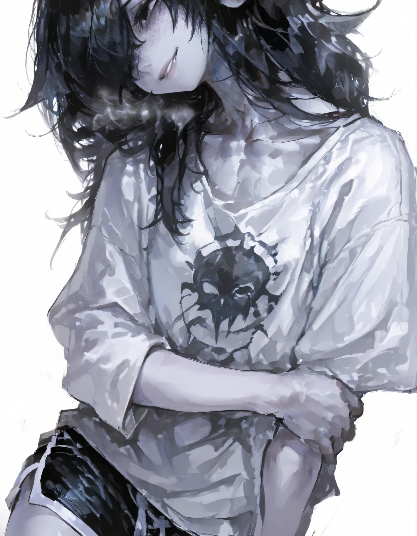 Score_9, Score_8_up, Score_7_up, Score_6_up, masterpiece, best quality, upper body, 1female, ((pale skin)), cool, dynamic angle, ((pastel)), aesthetic, ((cold)), L0LSPL4SH, , monochrome, traditional media, sketch, 1girl, ((solo), black hair, looking at viewer, portrait, close-up, black eyes, long hair, white background, simple background, head tilt, mojyo, slovenly, unkempt, emaciated, jimiko, skinny, tall female, holding own arm, flat chest, bags under eyes, looking to the side, from side, laughing, lipstick, mature female, freckles, cowboy shot, slouching, low angle, oversized shirt, dolphin shorts, messy hair, t shirt, hair over one eye, collarbone, virgoart