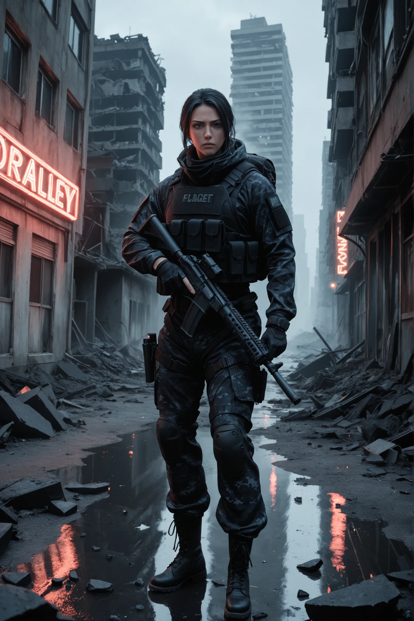 In a desolate urban landscape, war-ravaged, a warrior stands up with determination. Her short, dark hair frames a face of serious expression, reflecting the harshness of the surrounding environment.The slender woman with blue eyes and sexy figure wears a long sleeve black tactical catsuit, camouflage pants and sturdy combat boots. A vest Tico loaded with pockets and a backpack complete his equipment., also brings to view a tactical harness that has a plastic cover attached to a combat knife, on her leg wears a modern 9 mm Glock style gun, ready for any eventuality. in your hands, a special alloy and plastic rifle with a telescopic sight promises lethal precision. The background reveals skeletal buildings, scarred with exposed reinforcing bars and broken windows. Blue and pink neon lights struggle to penetrate the dark, , dimly illuminating a cloudy sky that is reflected on the damp ground covered with debris. the atmosphere is bleak, a post-apocalyptic testimony of devastation and the fight for survival.