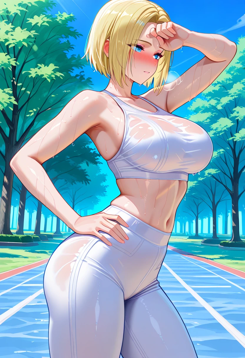 looking away,1girl,arms behind head,arms up,blonde hair,breasts,curvy,earrings,evening,eyelashes,eyeshadow,from below,hoop earrings,huge breasts,jewelry,jogging,long hair,makeup,navel,outdoors,parted lips,ponytail,shiny skin,short shorts,shorts,sidelocks,signature,sky,steam,steaming body,stomach,sweat,tree,underboob,wide hips,sem,roupa)(peito,seios)(bicos de peito)amostra (camiseta transparente)((cor de pele)) ((black skin))