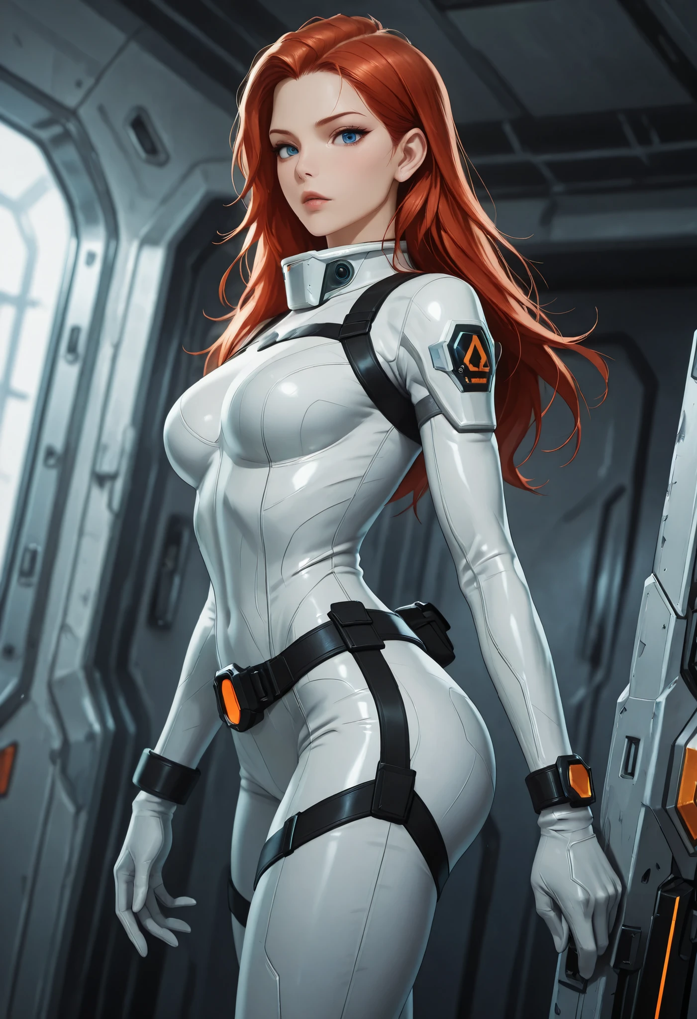 high resolution images, masterpiece, Highest Quality, amazing quality, official art, Highly detailed, Wallpaper, 1 girl, blue eyes, red hair, big eyes, slender, wide hips, (slim thighs), A very attractive and slim woman wearing a tight spacesuit walks through the corridors of an abandoned and decaying space station in a futuristic world. dynamic angle, ((orange accent lines)), black accent lines, side view, looking at viewer,