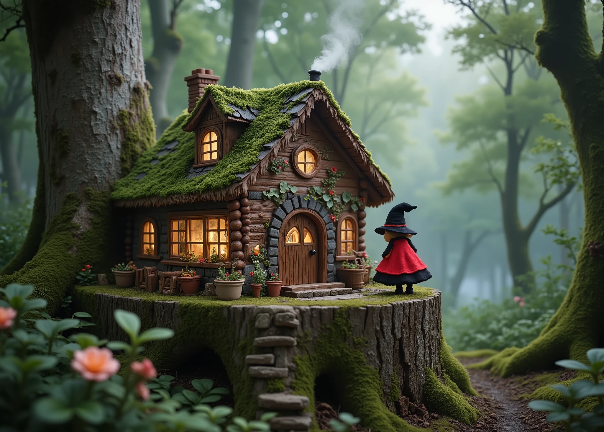 (masterpiece, high quality, high image quality, and high accuracy, Realistic), Fairytale Scene 、In the Deep Forest、(厚い木の切り株に、A dwarf house made of cake、I can see the light through the window on a thick tree stump、there is white smoke coming out of the chimney、Mossy Roofs)、A cute red and black witch cosplay girl、girl peeking through that miniature-like house on a thick tree stump、amazing scene。
