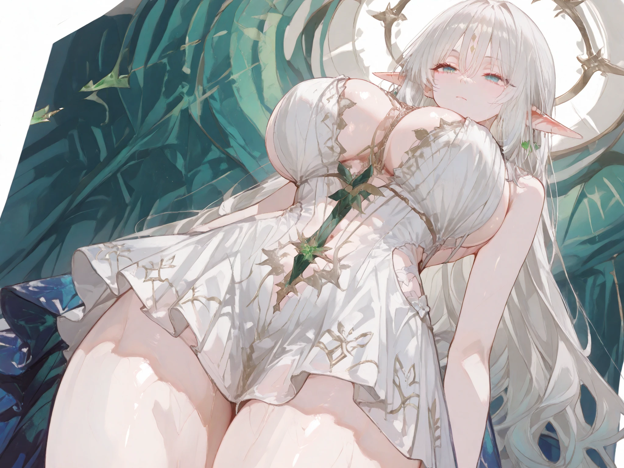 masterpiece, best quality, 4k, amazing quality, very aesthetic, absurdres,, detailed eyes, detailed hair,1girl, solo, very detailed eyes and face, Standing in Universe. She is 5ft9 tall, with mid-thigh length white hair, mesmerizing emerald eyes, a face that is both enchanting and stunningly beautiful, somewhat absurd and supernatural, She wears a luxurious royal Elf princess short dress
Gigantic breasts, Thick thighs, thin waist
She is of the royal elf race. Illustration without background。A young girl standing up from the front in a relaxed position。with her toes facing inward、I feel a subtle charm about the way she stands。she looks at me gently with half-open eyes、has a gentle, slightly pensive expression, My bangs snore lightly in the wind、even in a quiet atmosphere I can feel the movement。has an overall delicate and gentle vibe、Quiet and young々impression。The soft light and gentle shadows enhance the character's elegant and gentle shadows。