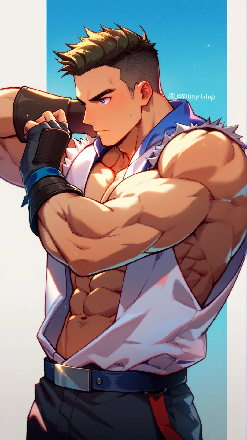 a  exhausted 19-year old handsome caucasian male in faded haircut, mma gloves, white fighting shorts, cute, handsome face, six-pack abs, beautiful body, well-defined body, sweating profusely, dripping sweat, drenched with sweat, panting, exhausted, doing poses on the wall