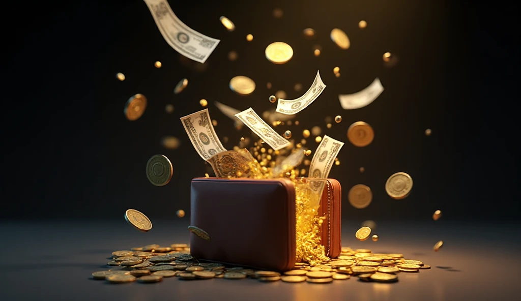 Money Floating 3D wallet open, banknotes and coins flying out like floating in mid ...
