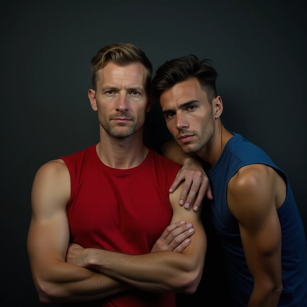 2 men, photo realistic. A lean, tall, athletic 22-year-old handsome Caucasian man, with fade-cut brown hair, and blue eyes, wearing an orange tank top with a black stripe, and black athletic shorts, passionately kissing an athletic 21-year-old handsome Middle Eastern man, with short, fade-cut brown hair, and brown eyes, wearing a slate tank top, and gray athletic shorts, on a sports field, at dusk. They are grabbing each other's hard, bulging . Sexy, romantic, masculine.