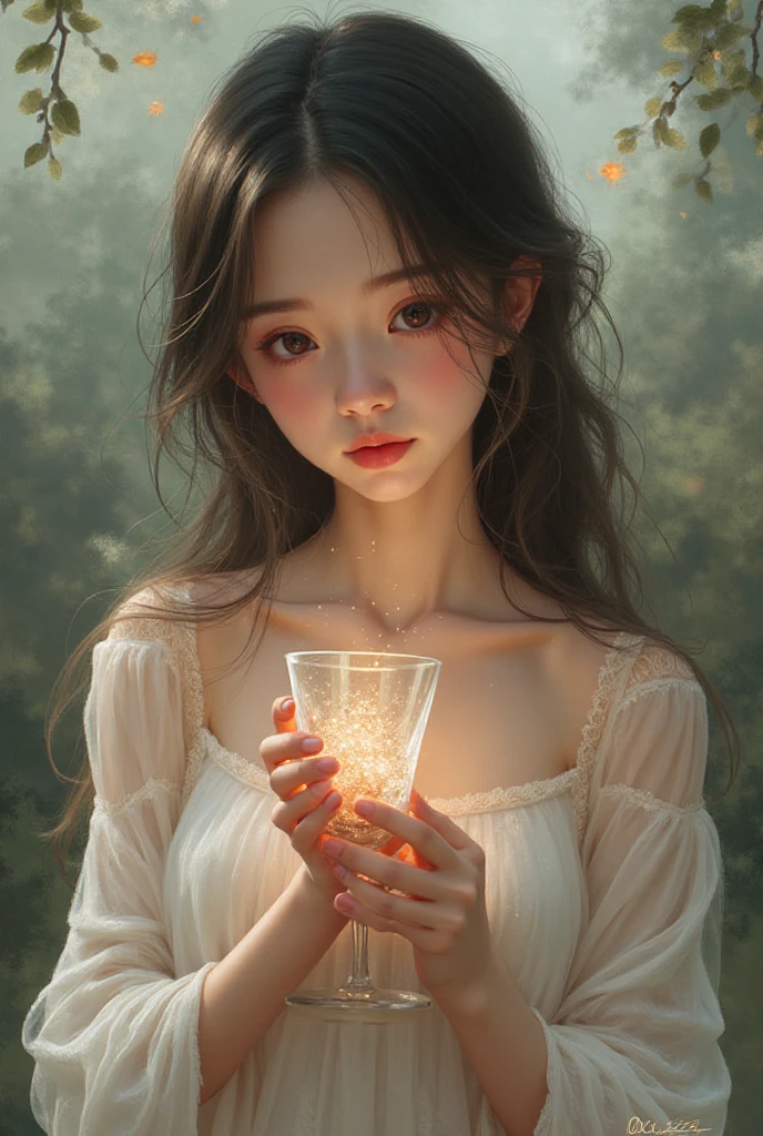 Digital image of a beautiful and elegant woman with an elaborate bun adorned with delicate golden flowers. Her attire is equally elaborate: a sheer bodice embroidered with golden floral and ornamental motifs. She sits at a table, leaning slightly forward, with a graceful and captivating gaze. In her hand, she delicately holds a white flower near her lips, lending a soft and romantic touch to the composition. In front of her is a glass filled with a sparkling beverage. The image combines romance, elegance, and fantasy, creating a captivating and otherworldly atmosphere. The background is abstract, with vibrant brushstrokes in gold and black tones, giving the painting a dynamic and dreamlike atmosphere.