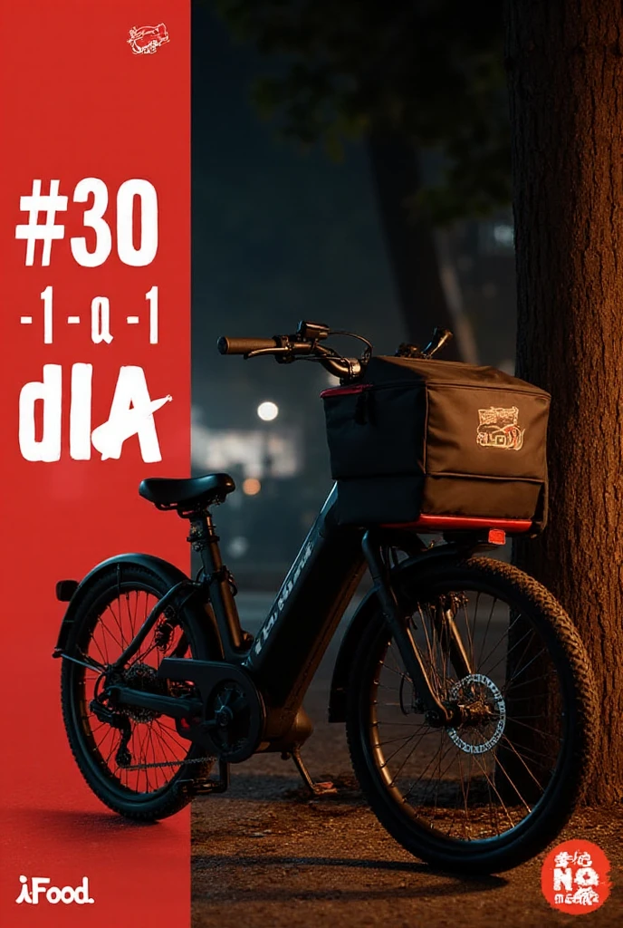 Create a YouTube thumbnail in 16:9 format with a bold, eye-catching design.
Include a black delivery bicycle similar to the one in the reference photo: matte black frame, straight handlebar, front suspension, thin tires, and minimal accessories.
Add visual elements inspired by the iFood brand: red background accents, white bold text, and the curved arrow motif. Do not include any real brand logos—use only stylistic inspiration.
Place large, impactful text on the left side saying: “#1/30 – Dia Rodando iFood”.
On the right side, feature the bicycle leaning against a tree at night, illuminated by soft warm lighting, similar to the original photo’s ambience.
Add a subtle cartoon-style delivery bag (red) on the bike to reinforce the delivery theme.
Use high contrast, vibrant colors, and sharp details typical of YouTube thumbnails.
Style: energetic vlog, urban nighttime scene, dynamic composition.