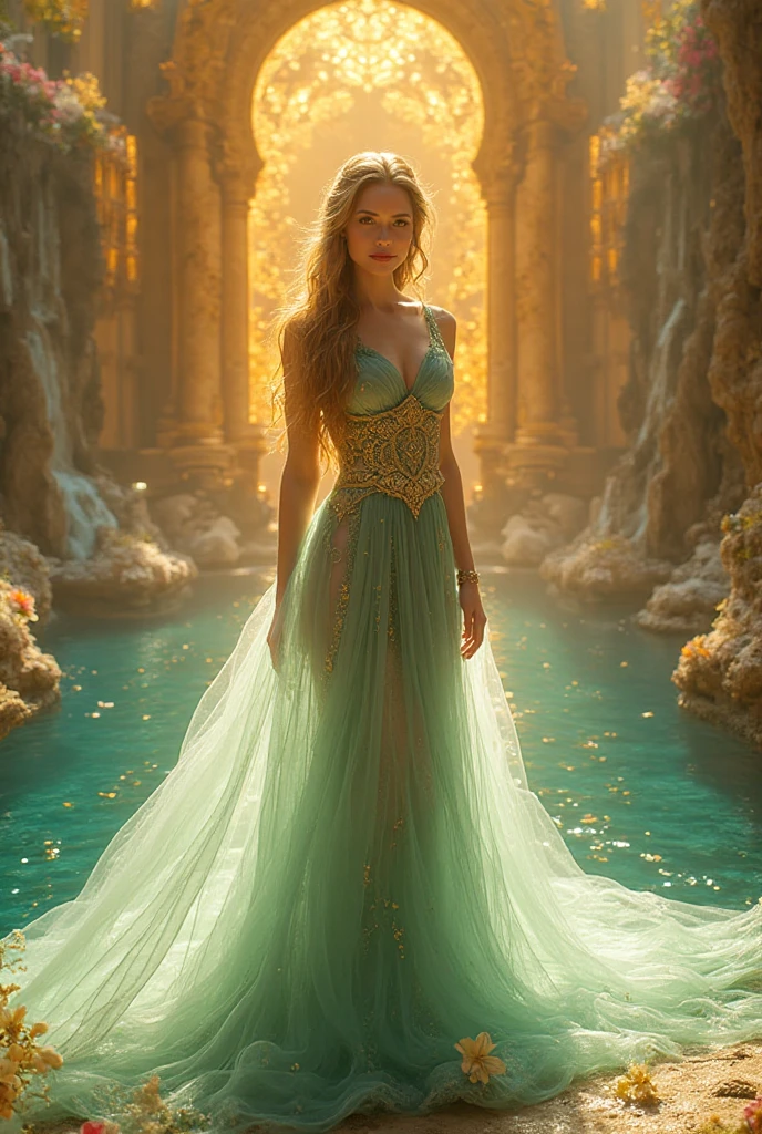 best quality, masterpiece, ultra high res, (photorealistic:1.8), detailed skin, etherial, elf ears, huge mansion, gold walls, climbing ivy, glowing, busty, cleavage, mystical, foggy, translucent