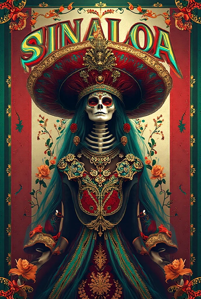 symmetrical,highly detailed skull face,full body image,acanthus scrolls,over saturation,over shadow,one our lady of guadalupe,decorative ornament,vine,classical floral elements,t-shirt design,full-length portrait,highly detailed skull face,8K resolution,low saturation,highly detailed,print art,empty background