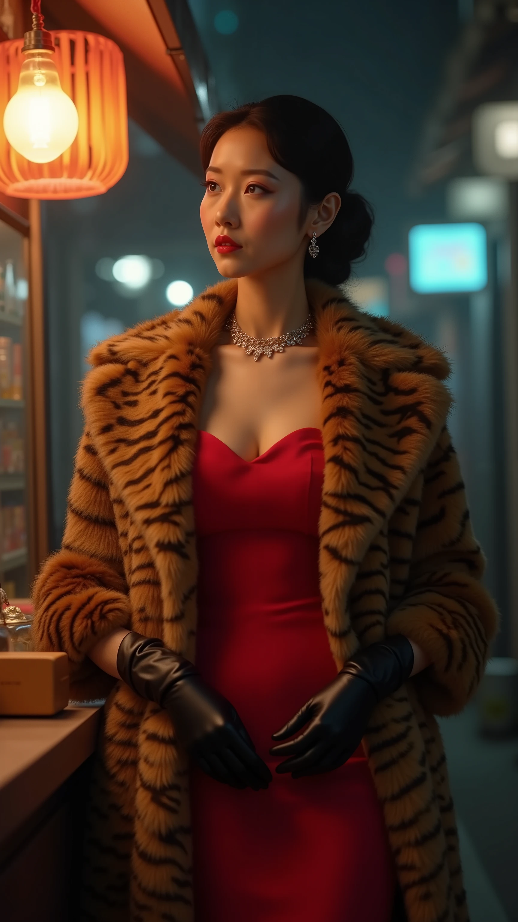 highdefinition picture、black velvet gloves in a tiger fur coat、Osaka woman in a red dress、waiting for takoyaki to be made