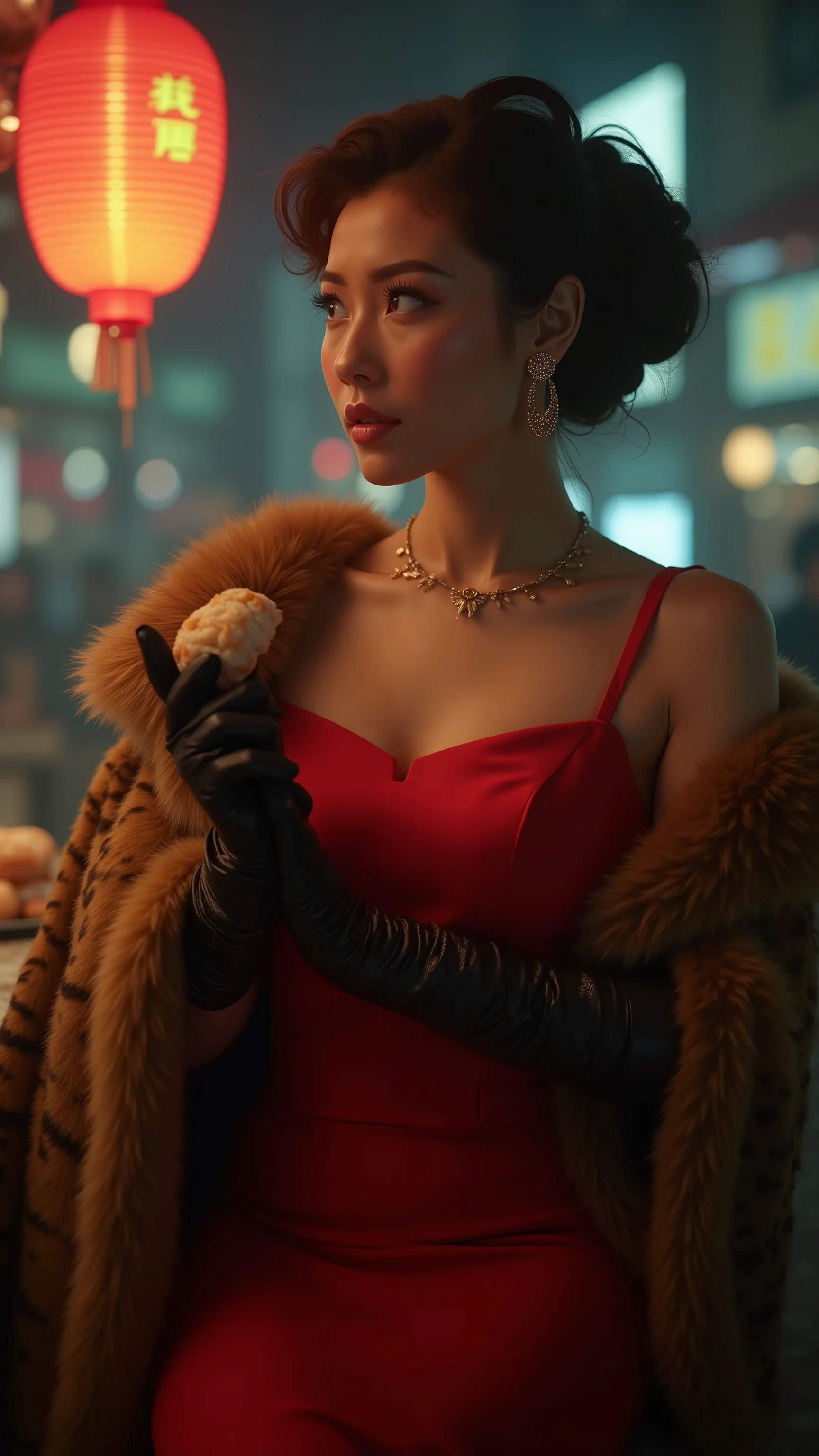highdefinition picture、black velvet gloves in a tiger fur coat、Osaka woman in a red dress、waiting for takoyaki to be made