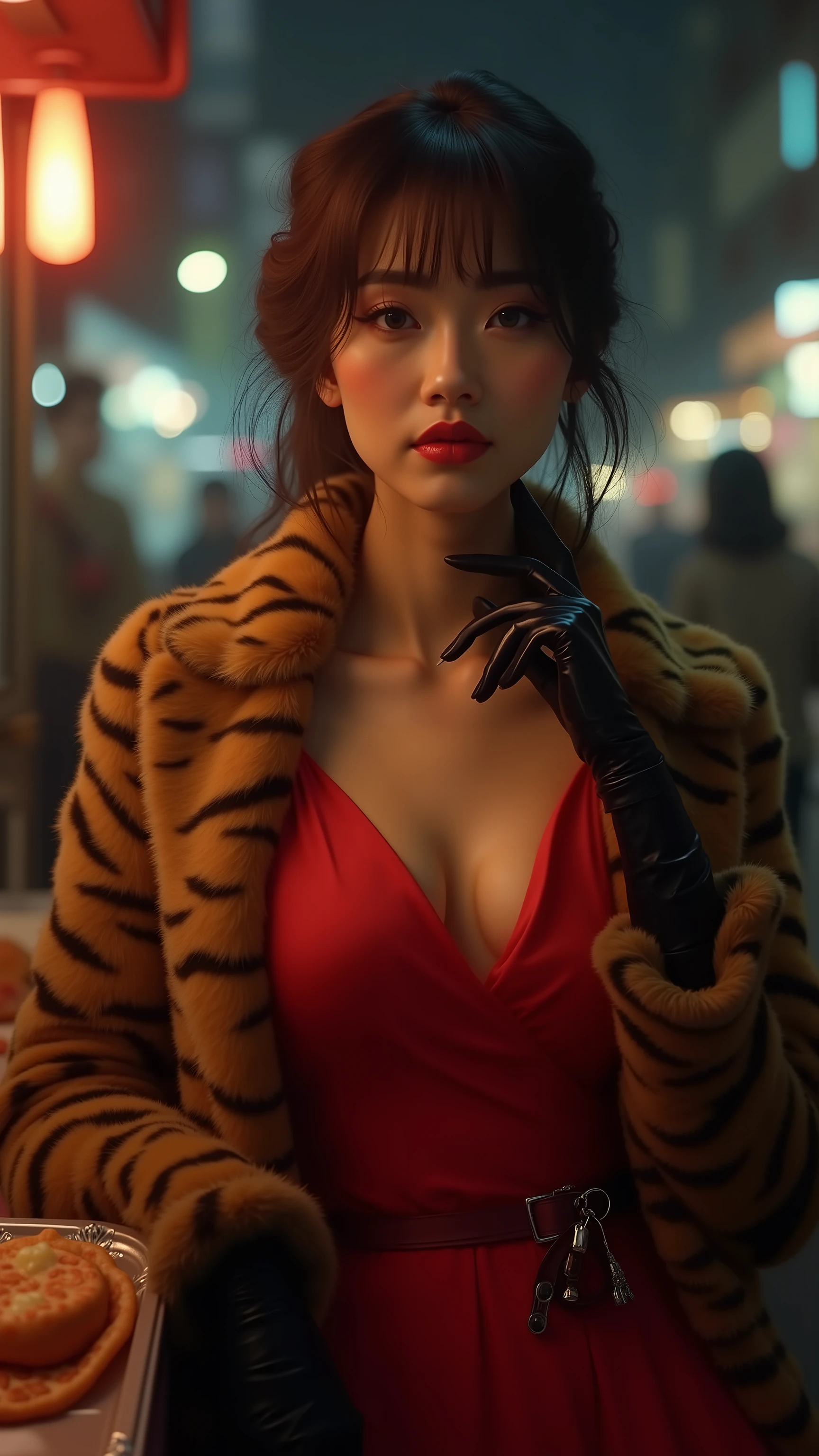 highdefinition picture、black velvet gloves in a tiger fur coat、Osaka woman in a red dress、waiting for takoyaki to be made