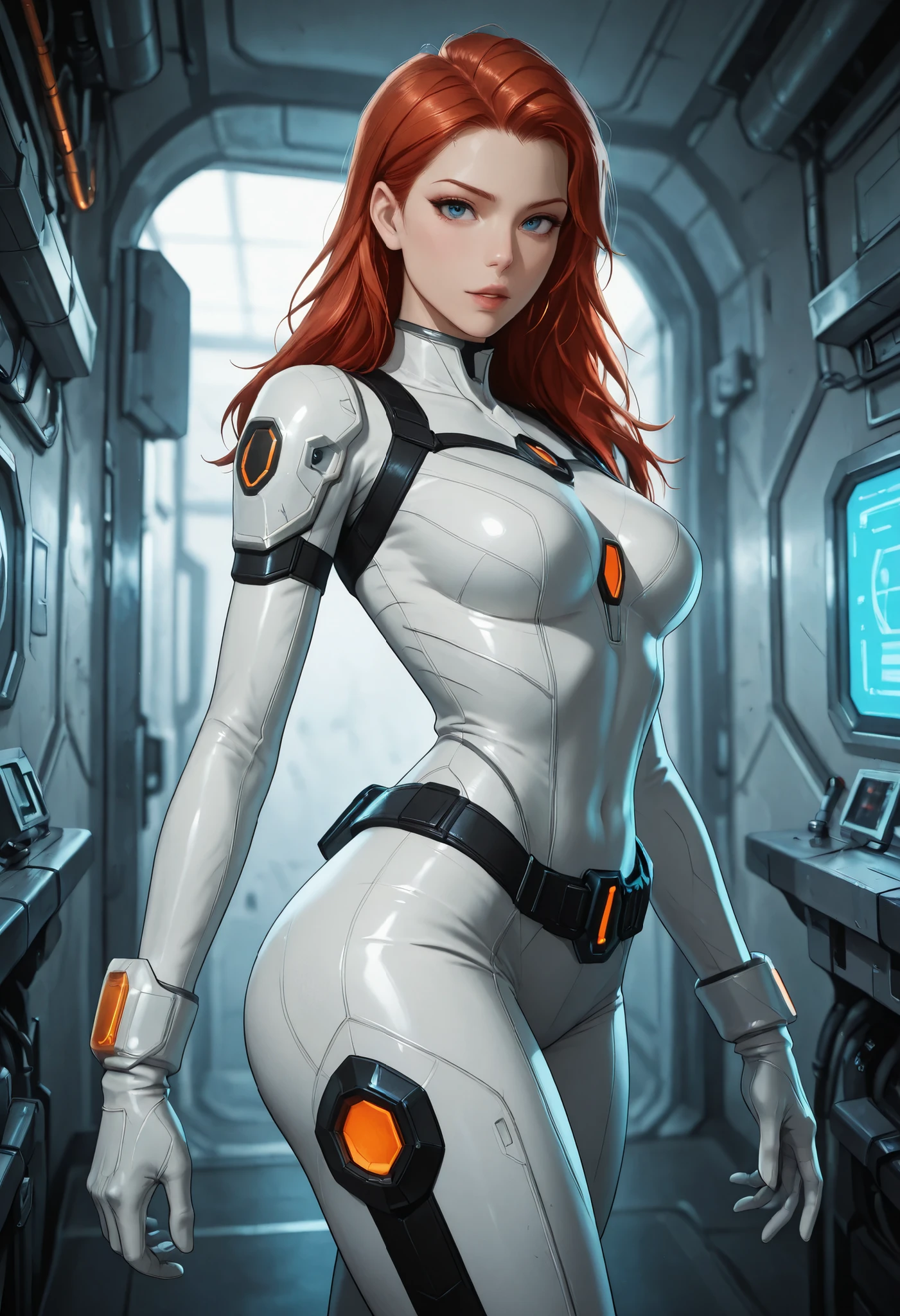 high resolution images, masterpiece, Highest Quality, amazing quality, official art, Highly detailed, Wallpaper, 1 girl, blue eyes, red hair, big eyes, slender, wide hips, (slim thighs), A very attractive and slim woman wearing a tight spacesuit walks through the corridors of an abandoned and decaying space station in a futuristic world. dynamic angle, ((orange accent lines)), black accent lines, side view, looking at viewer,