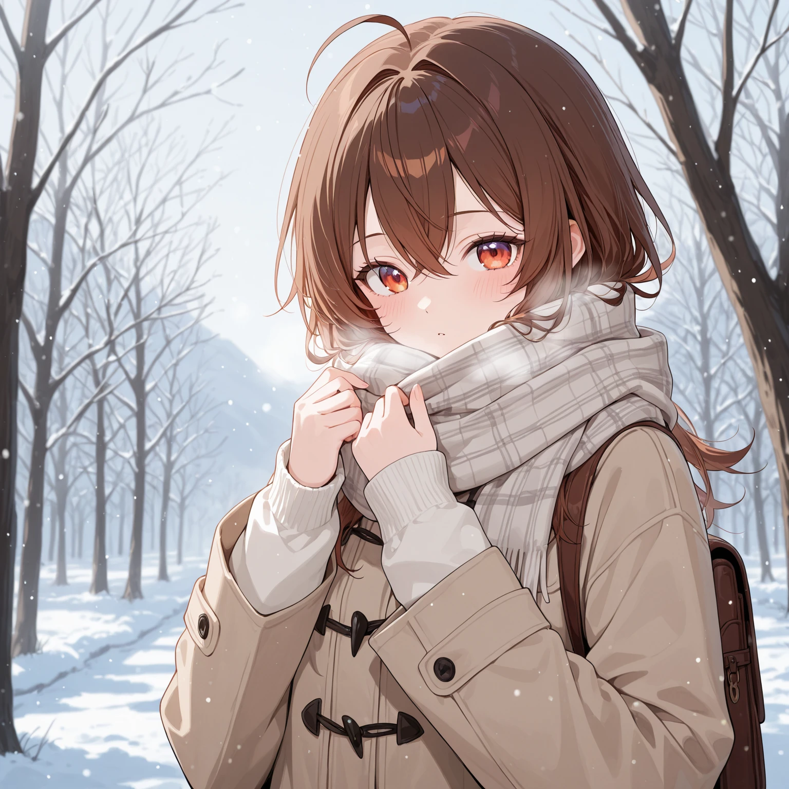 yuihirasawa, Yui Hirasawa, short hair, Brown Hair, hair ornaments, (Brown eyes:1.5), Hair Clip、smile,smile,blush,White Breath,
Open your mouth,snow,Ground bonfire,, Outdoor, boots, snowing, From the side, wood, suitcase, Cape, Blurred, , forest, White handbag, nature,  Squat, Mouth closed, Cape, winter, Written boundary depth, Black shoes, red Cape break looking at viewer, Upper Body, whole body, break Outdoor, forest, nature, break (masterpiece:1.2), Highest quality, High resolution, unity 8k wallpaper, (shape:0.8), (Beautiful and beautiful eyes:1.6), Highly detailed face, Perfect lighting, Extremely detailed CG, (Perfect hands, Perfect ),
