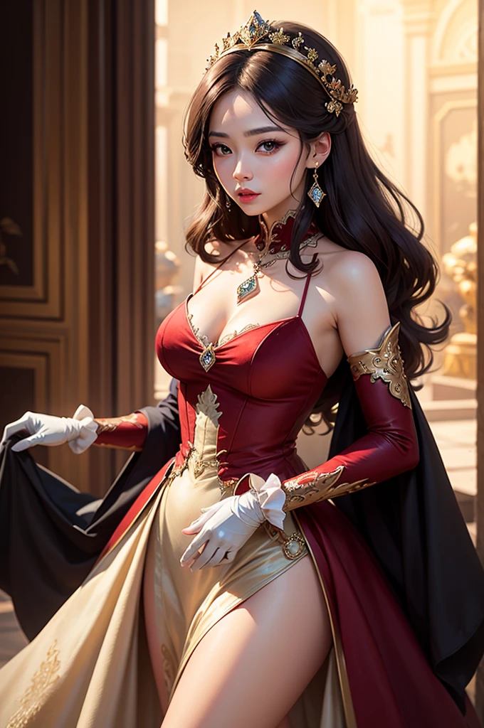 beautiful, masterpiece, best quality, extremely detailed face, perfect lighting, 1girl, hmpris, long hair, braided bangs, low ponytail, hair ornament, choker, collarbone, necklace, cleavage,  shoulders, red dress, detached sleeves, black sleeves, throne room background,  smile, teeth visible when smiling, full body, right hand holding red fan, sweat on shoulders, sultry look, 
