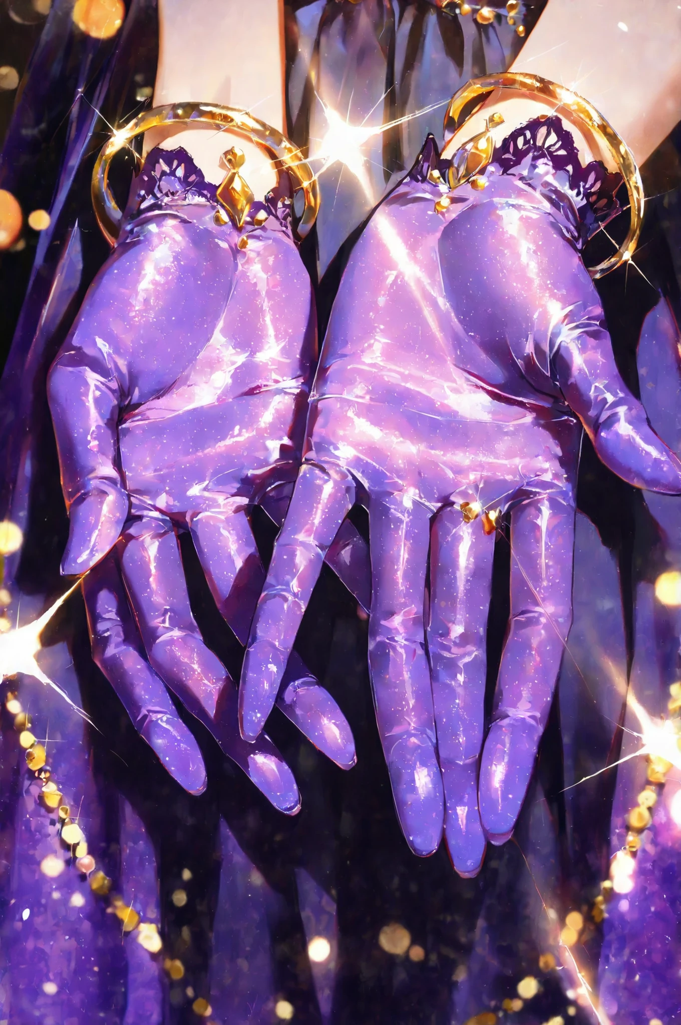 (best quality), extreme close-up on hands,
female hands wearing purple velvet gloves,
fingers slightly curved in an elegant gesture,
micro-fibers and velvet texture visible,
soft specular light and tender shadow,
golden bracelet reflecting light subtly,
background completely blurred bokeh,
hyperrealistic anime style, sensual atmosphere,
filmic softness + ultra-sharp fabric detail
