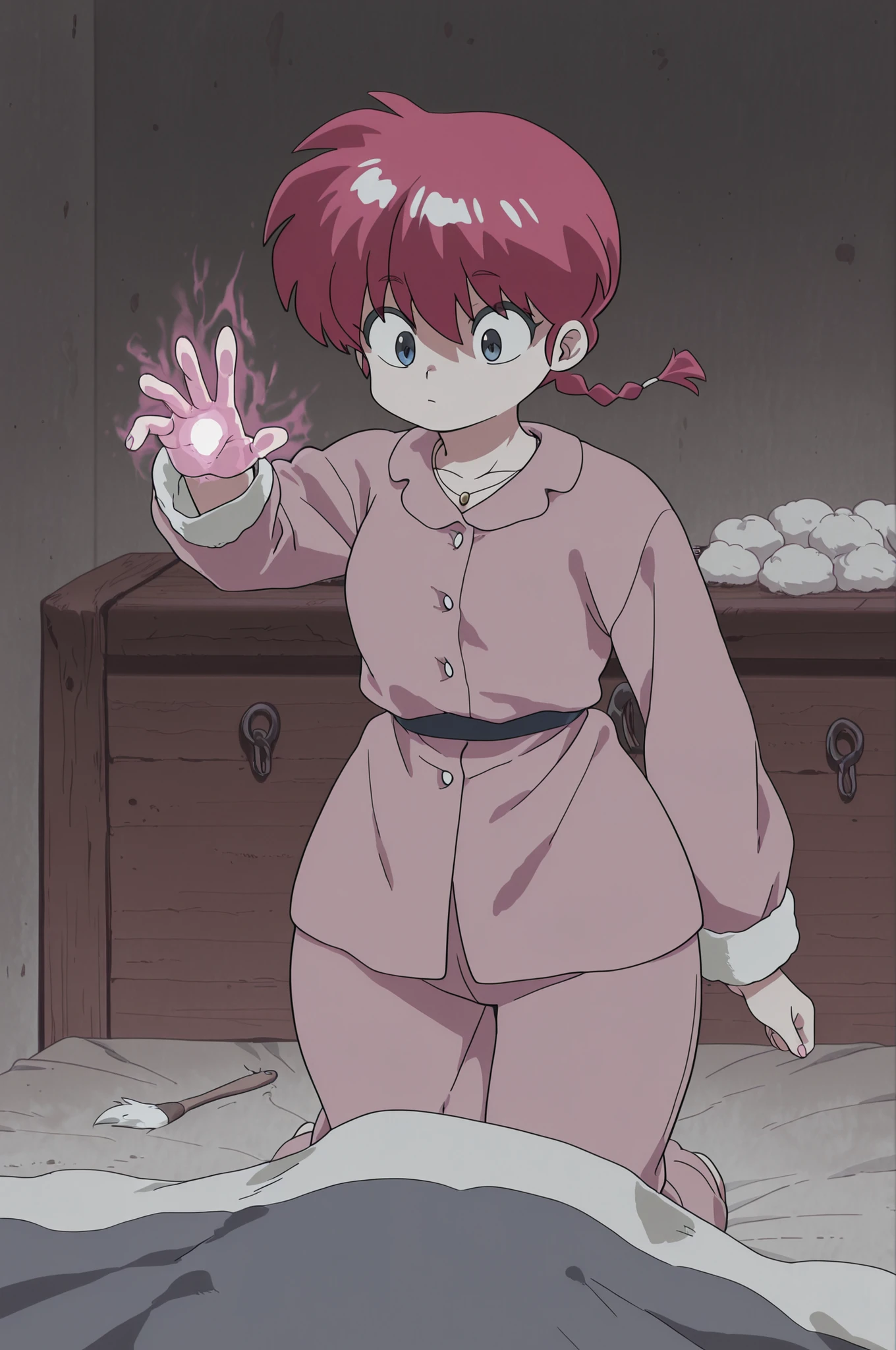 Ranma Saotome. red hair. blue eyes. braid. small breasts. wide hips. necklace. black eyeliner. pink manicure. | A character in oversized, soft pajamas reaches into an ornate wooden chest in a dimly lit bedroom. Inside lies a pair of velvet gloves with an enigmatic glow — the moment fingers brush their surface, subtle ripples of shimmering energy spread outward. A bed with heavy draped fabric is nearby; a wall sconce casts warm, muted light across textured surfaces. The atmosphere is hushed and mysterious, with rich fabrics (velvet, cotton, damask) highlighted by delicate shadows. PG‑13, focusing on tactile detail and quiet magic, no explicit action.


