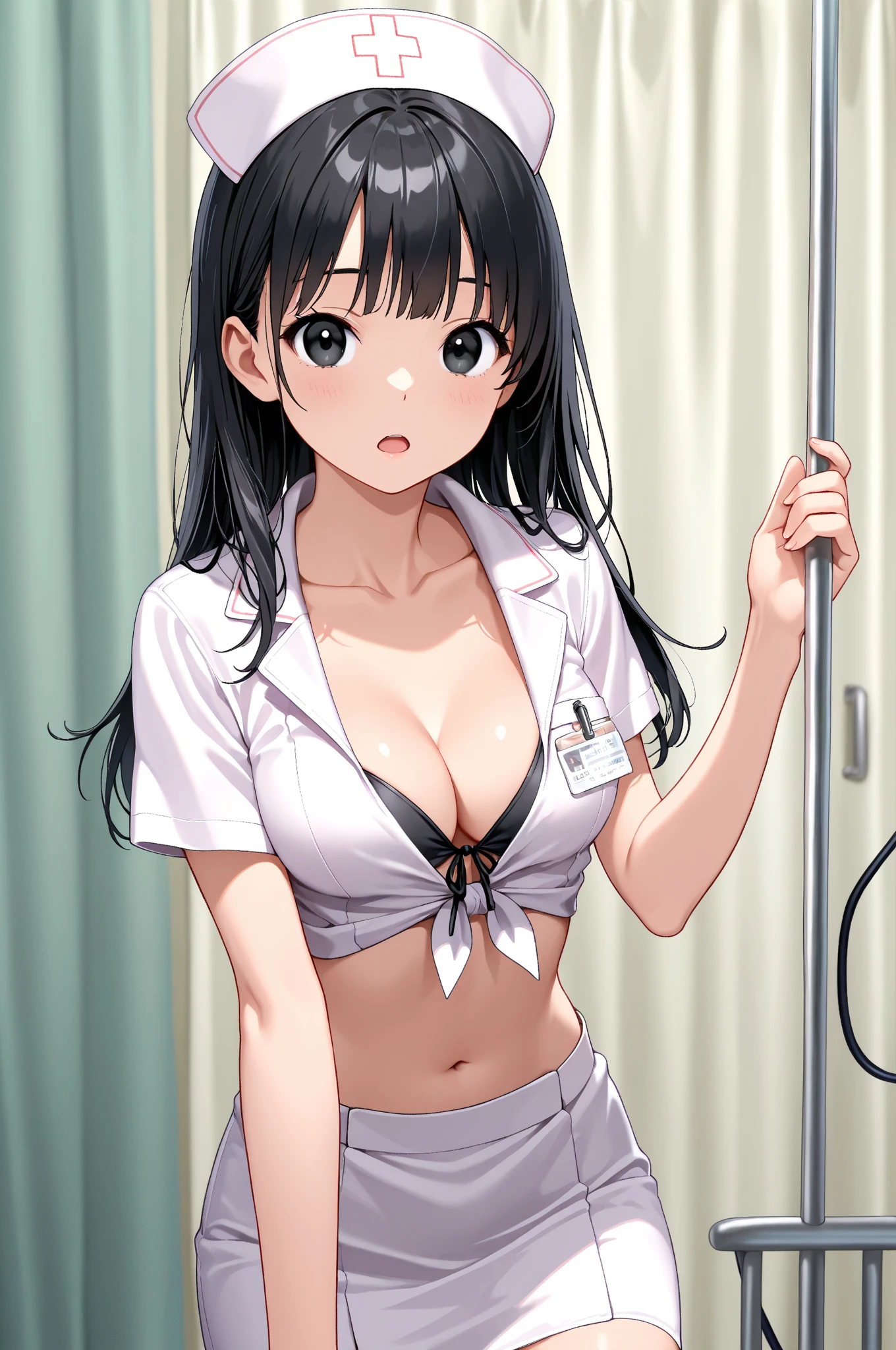 top-quality、Full limbs、(photorealistic:1.2)、complete fingers、1 beautiful woman、beautiful detailed eyes、super detailed skin、sweat、oil、Slender beauty、straight haired、blown hair、french braid、blunt bangs、head tilt、((white Nurse bikini、covered erectile nipples、very skinny))、cleavage、white nurse hat、White pantyhose、hospitals、Hospital Room、on Patient bed、(stethoscope)、((((vulgarity))))、spoken heart、（light dark skin：1.6）、(small breasts、nipples pointing up:1.7)
