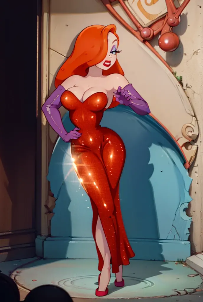 Miss Sweet the female fennec supervillain, cake themed costume, sprinkles, cake icing hair, red lipstick, full body view