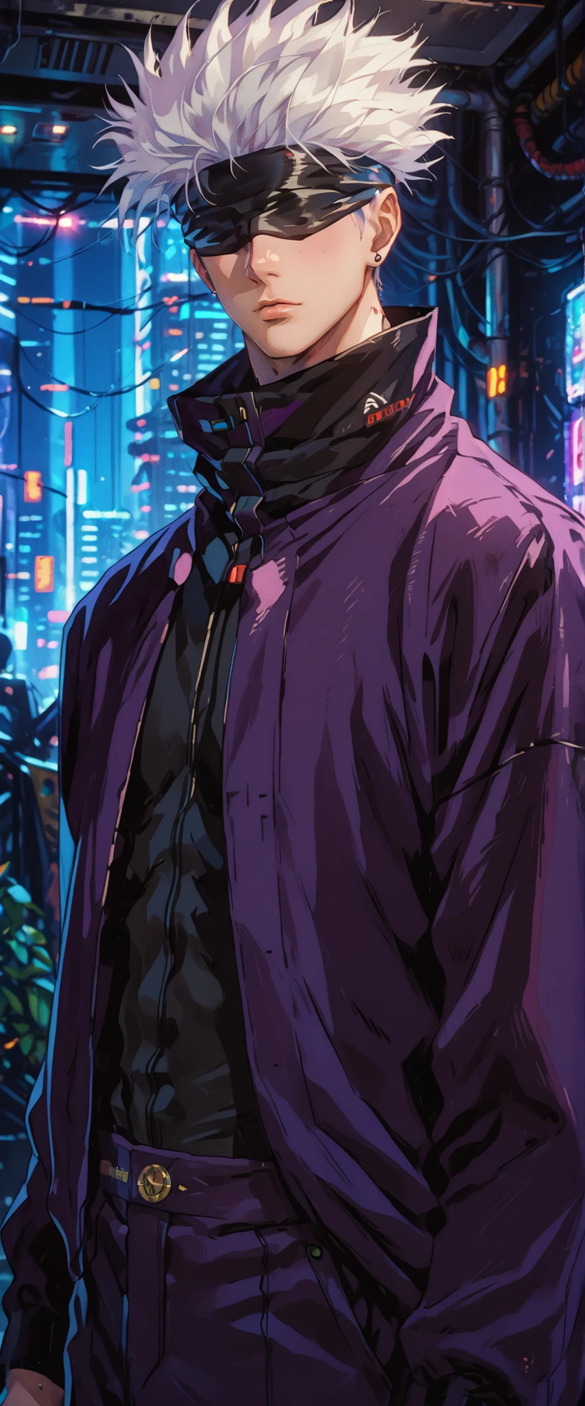 score_9, score_8_up, score_7_up, score_6_up, score_5_up, score_4_up, SatoruGojo, white hair, purple pants, high collar, blindfold, covered eyes, black blindfold, purple jacket, purple pants, 1boy, solo, alone, retro_artstyle, retro, cyberpunk, masterpiece, highres, cyberpunk city background